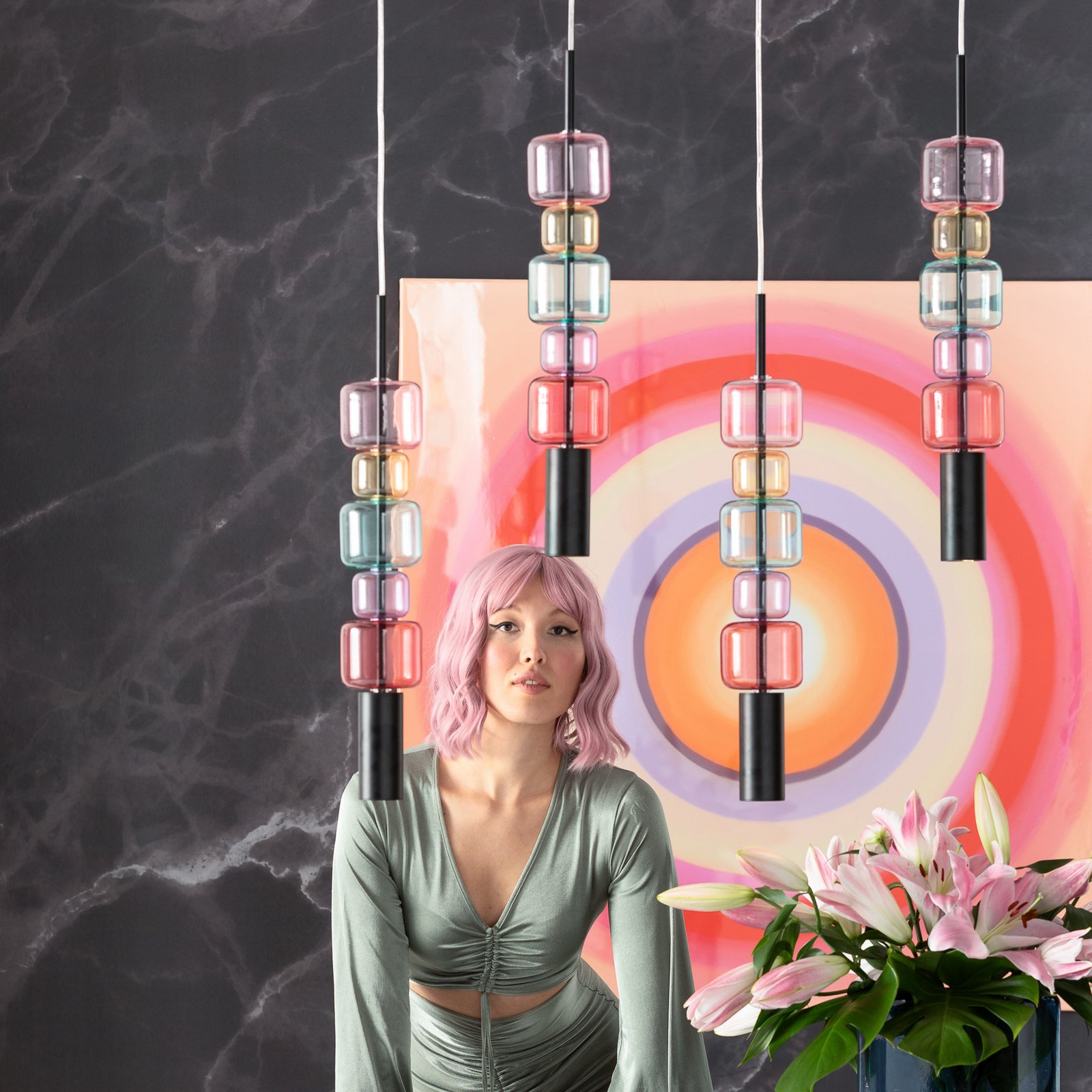 Candeeiro suspenso KARE Candy Bar Colore, vidro, 5 lâmpadas, GU10 Candeeiro suspenso KARE Candy Bar Colore, vidro, 5 lâmpadas, GU10