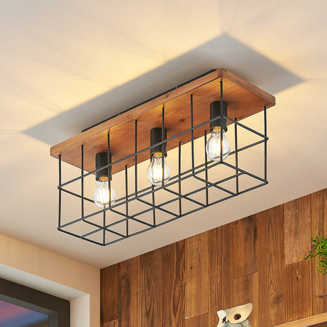 Lindby Mireille Käfig-Deckenlampe mit Holz, 3-fl.