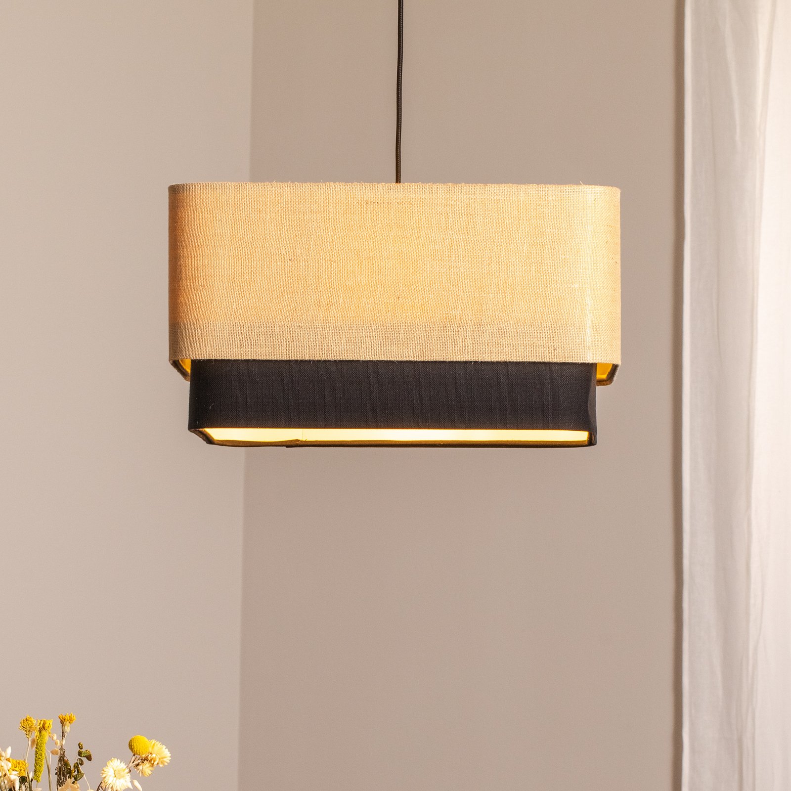 Kwadro Duo hanglamp, zwart/beige, 50x50cm, jute/satijn