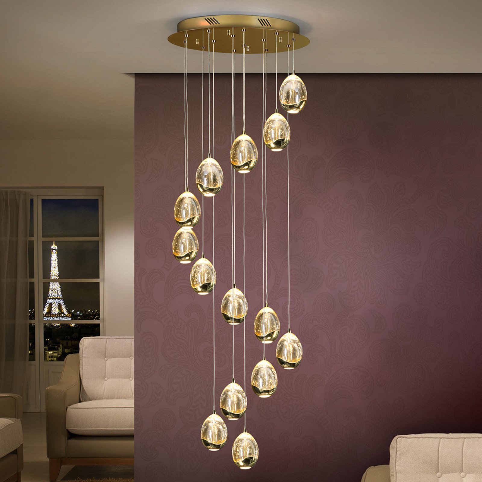 Schuller Valencia Lampă pendul LED Rocio 14 becuri auriu Bluetooth - Camera de zi / sufragerie - modern - auriu transparent - Sticlă