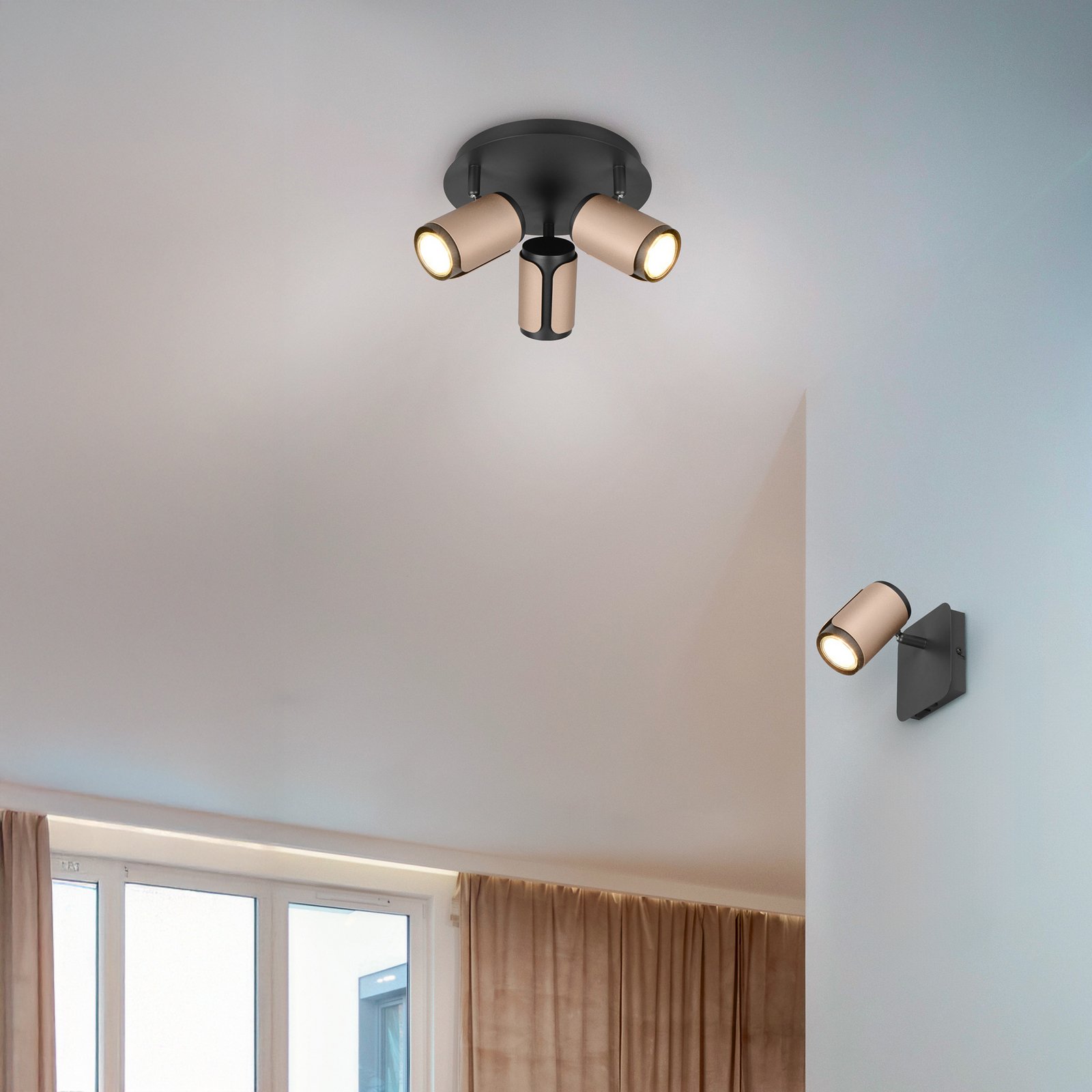 Ceiling spotlight Gillan, coffee, 3-bulb, round, metal, GU10