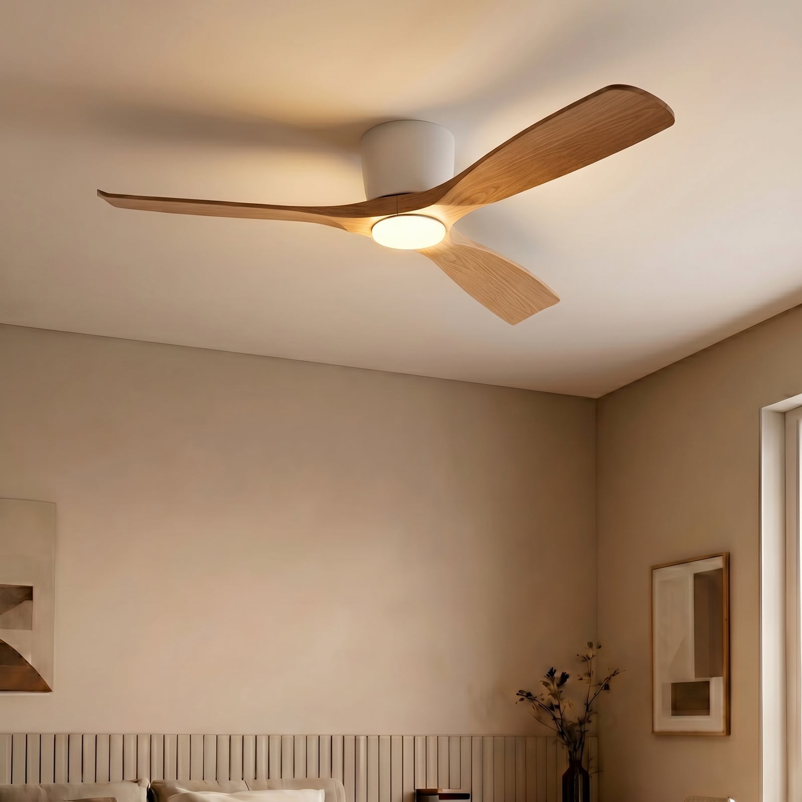 Lucande Smart LED-Deckenventilator Moneno, weiß/holz, Tuya