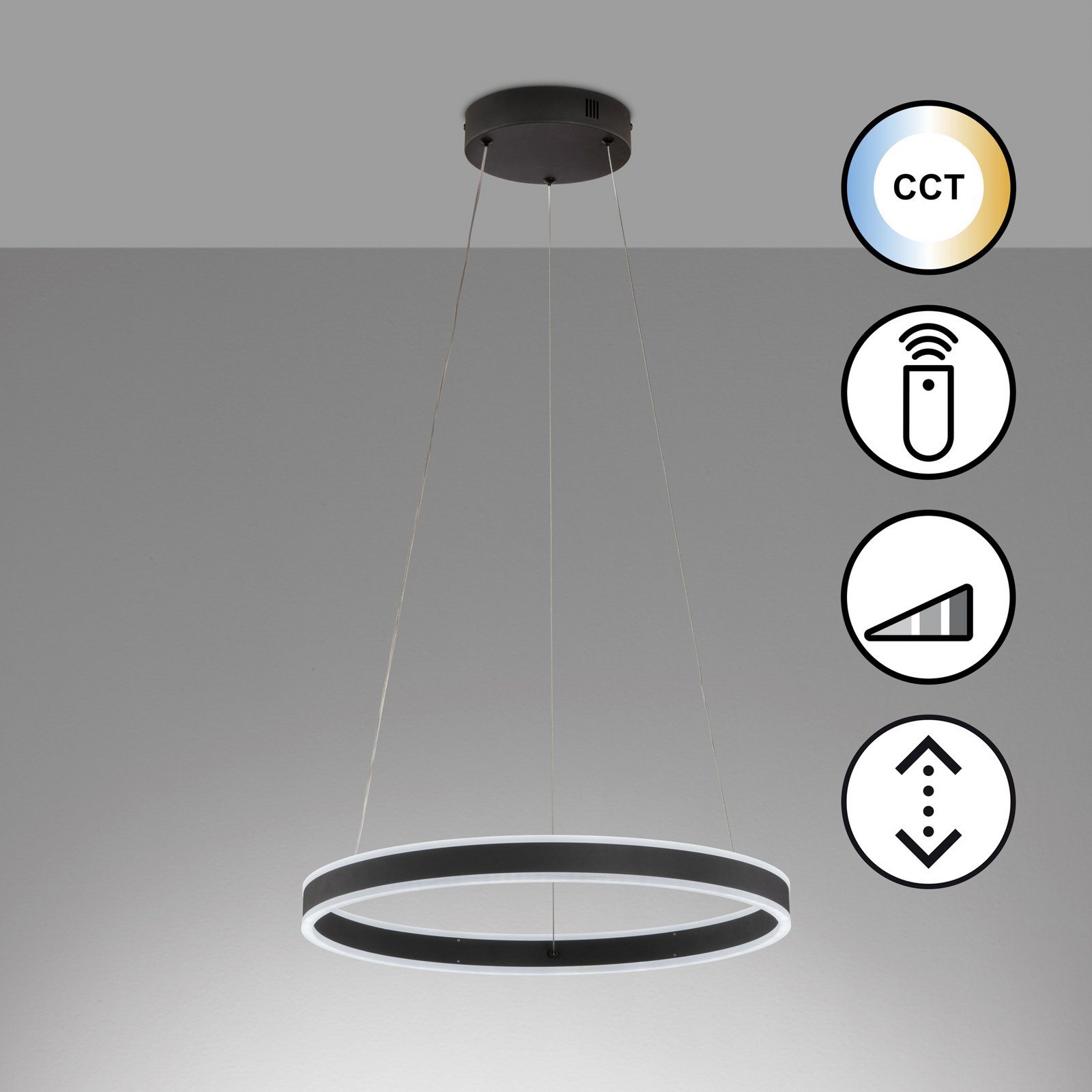 LED hanglamp Sirko, Ø 50 cm, zandzwart, metaal, CCT
