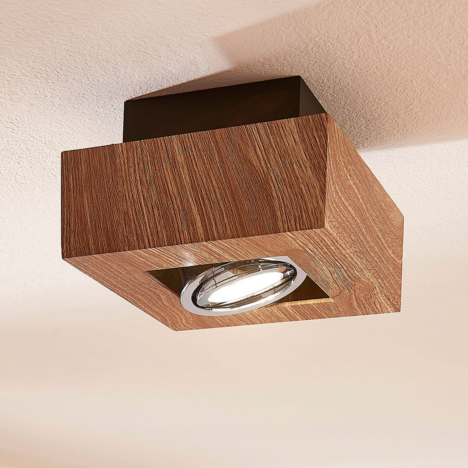 Vince LED ceiling light, 14 x 14 cm, wooden optic