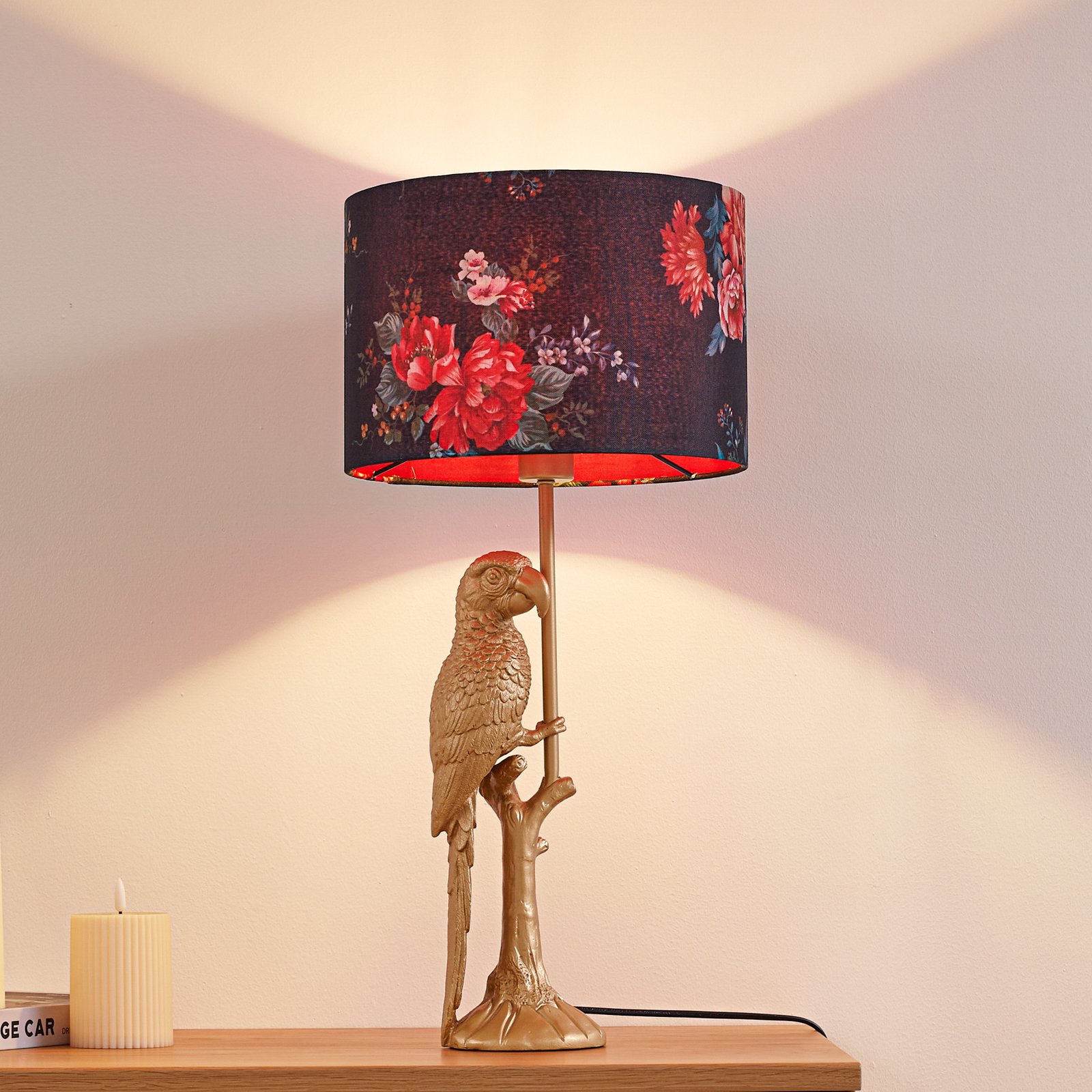 Marula table lamp, textile, E27, gold, floral print - Lindby