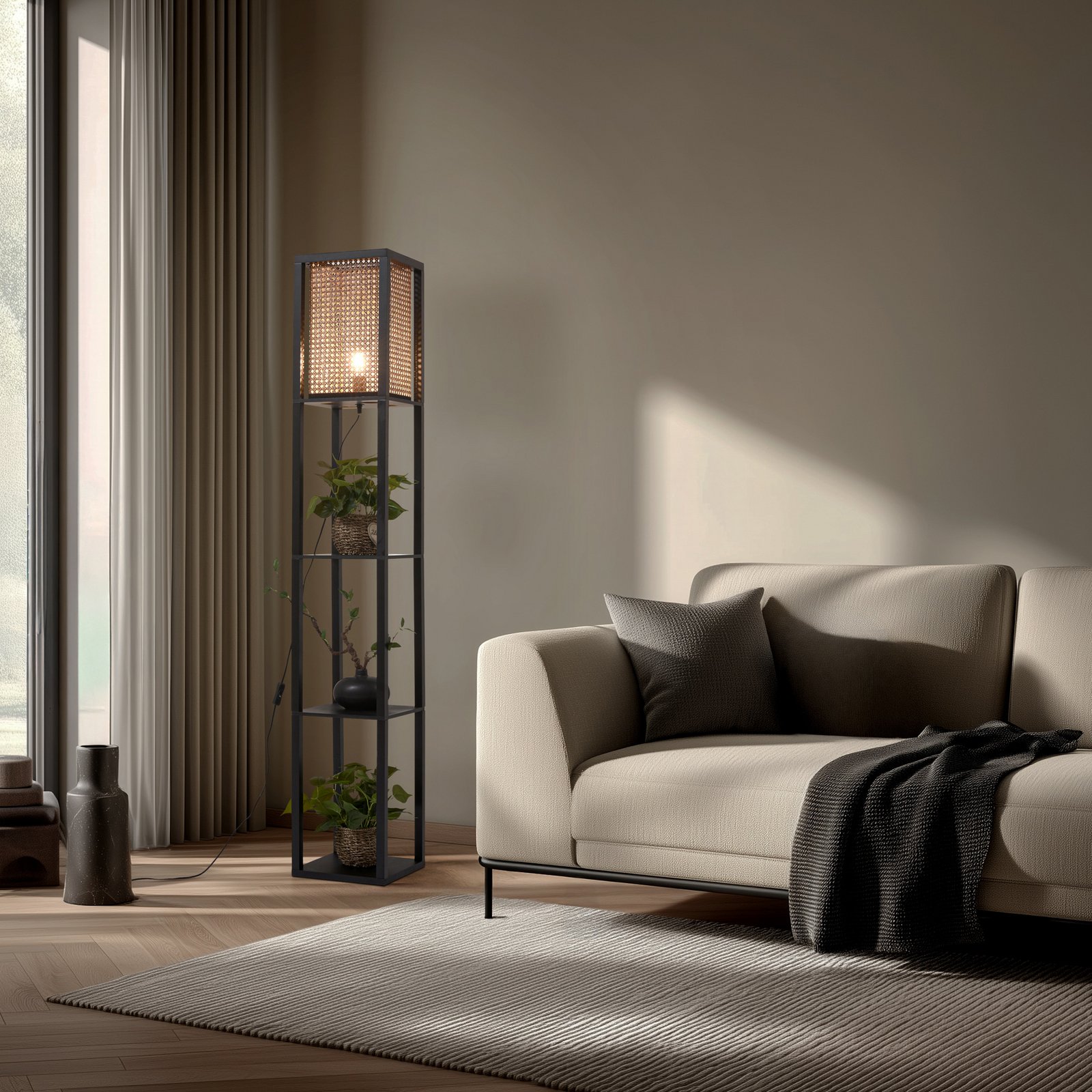 Lindby Stehleuchte Birta, schwarz/natur, Regal, Rattan
