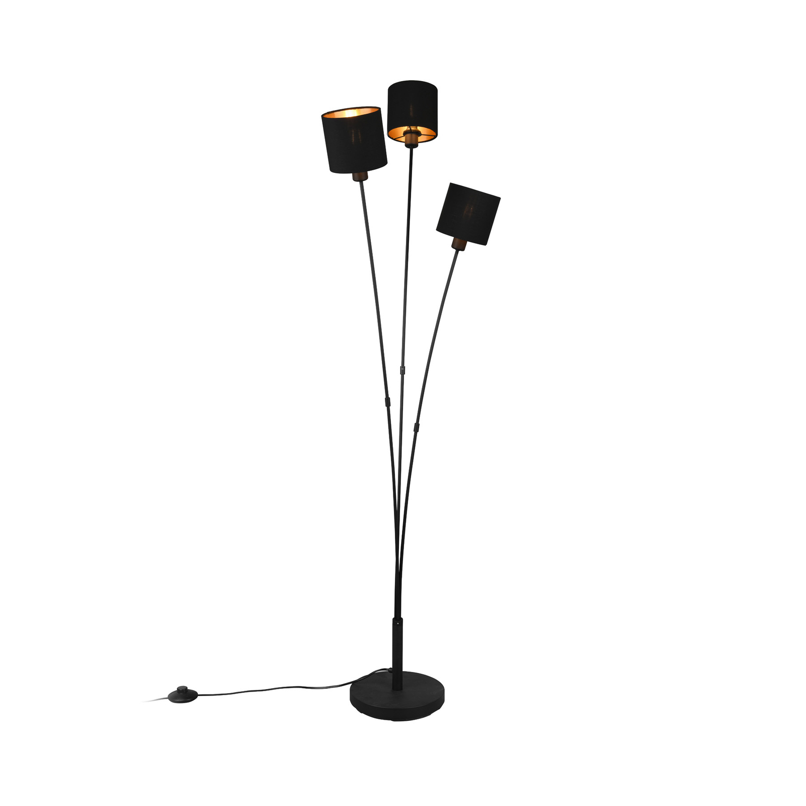 Tommy lámpara de pie, negro/oro, altura 150 cm, 3 luces de tela