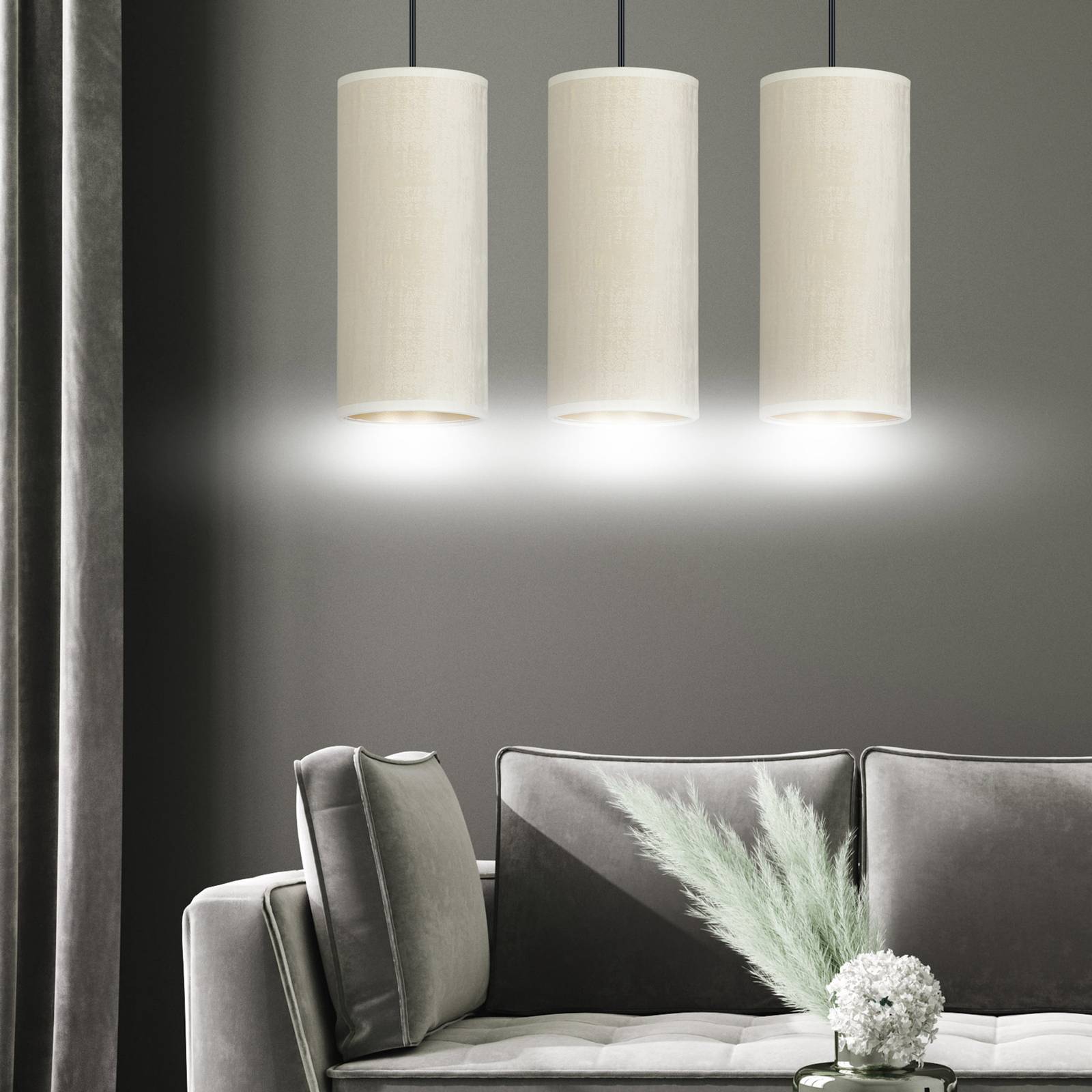 Euluna Suspension Joni tissu allongée 3 lampes blanc doré