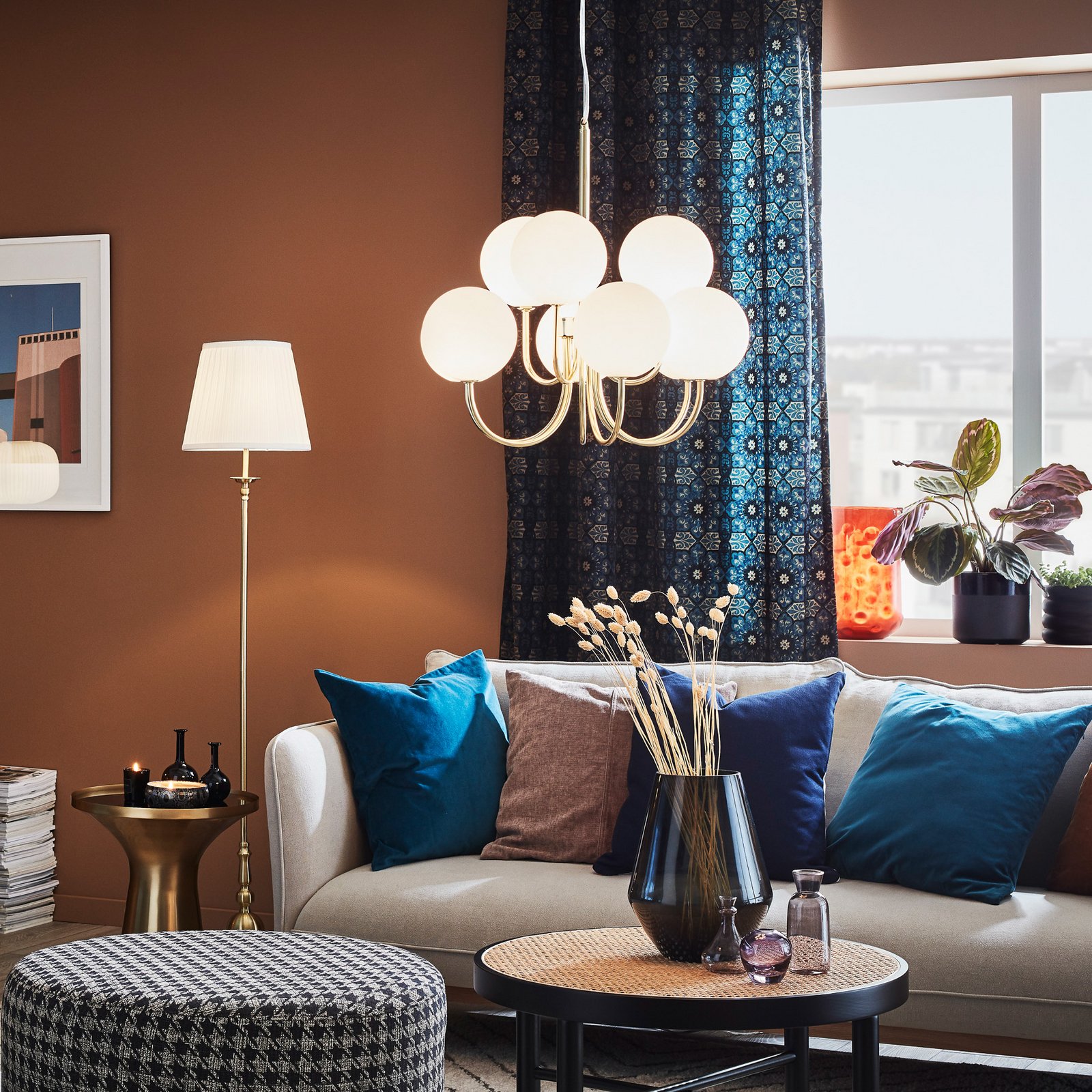 Bianco pendant light, 9-bulb, gold/white, glass, G9