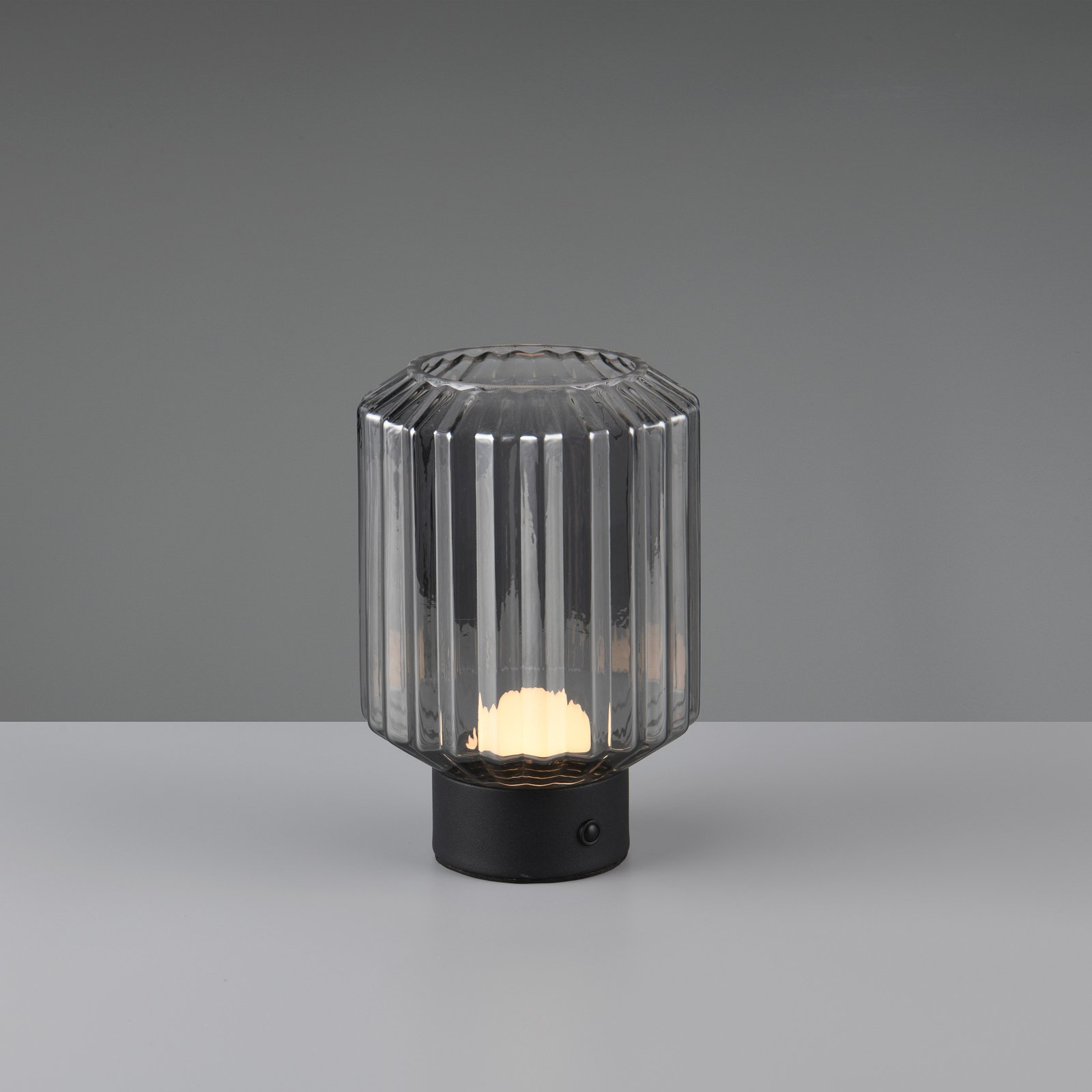 Lámpara de mesa LED recargable Lord, negro/humo, altura 19,5 cm, cristal