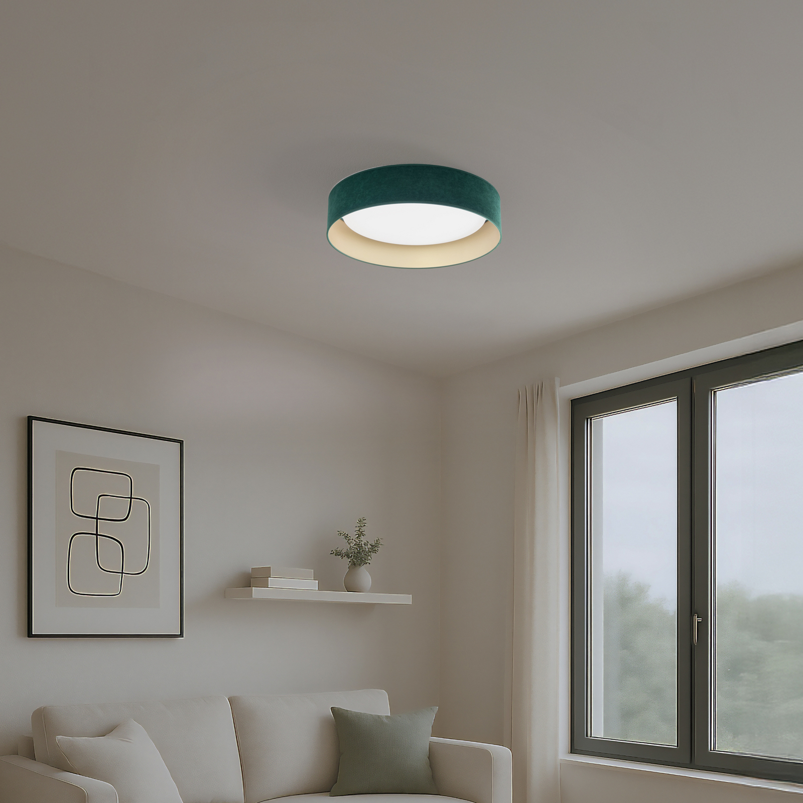 Plafoniera LED Plafond, velluto verde, Ø 45 cm, dimmerabile a 3 livelli