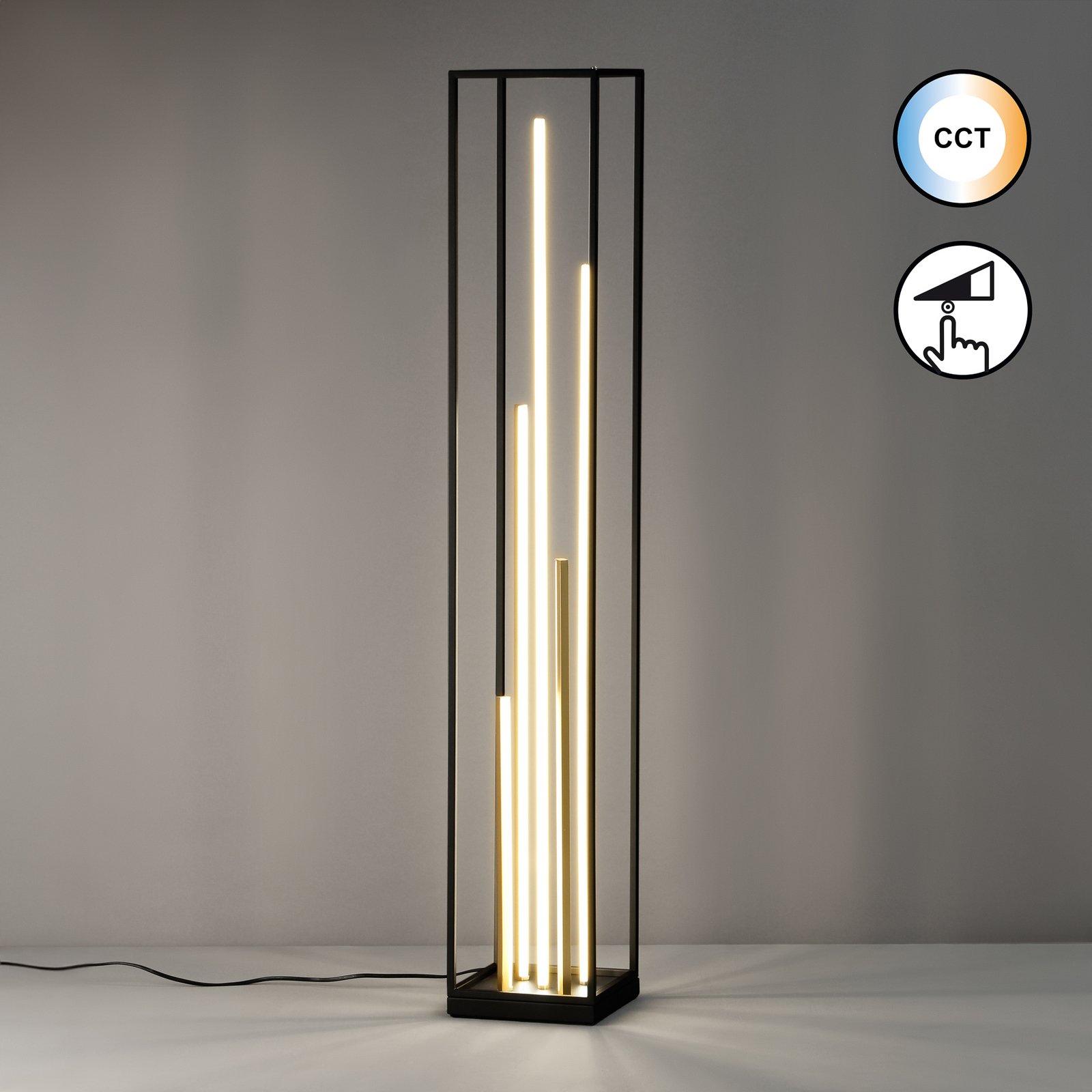 LED vloerlamp Grid, zwart/goud, metaal, CCT, dimbaar LED vloerlamp Grid, zwart/goud, metaal, CCT, dimbaar