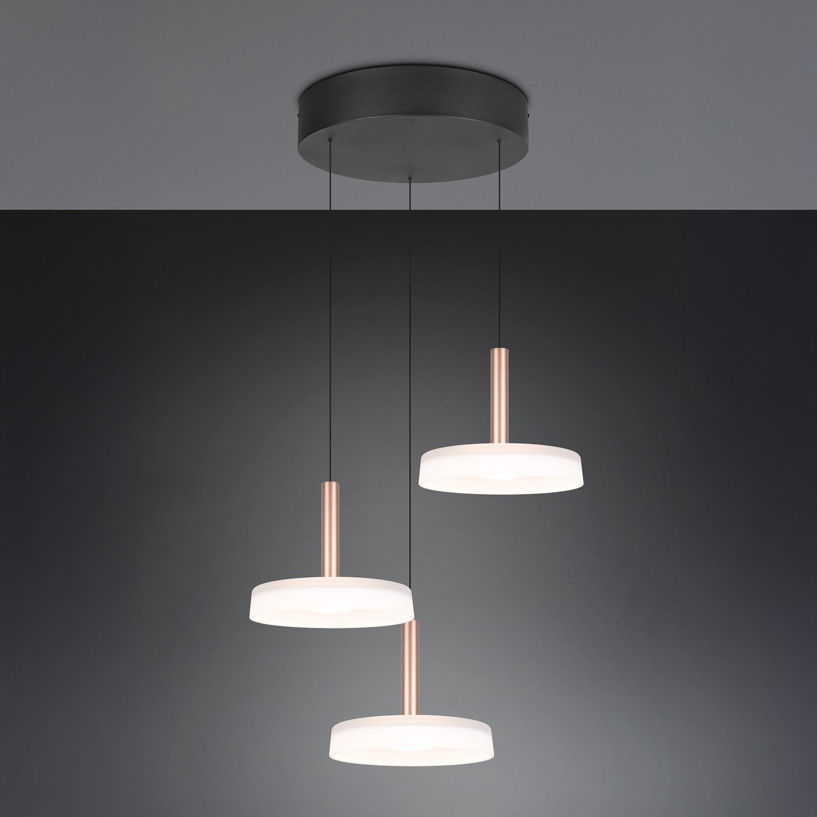 Suspension LED Celeste, blanc/brun, Ø 35 cm à 3 lampes. Verre à intensité