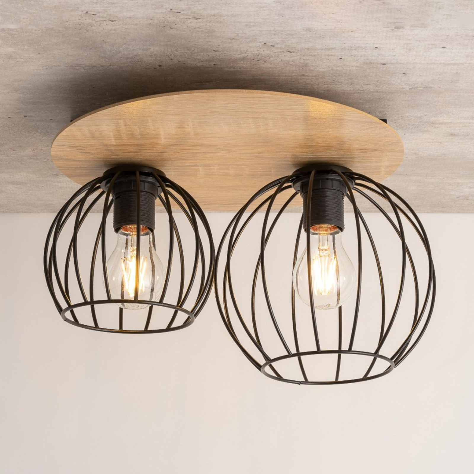 Plafondlamp Malin, houten kap rond, 2-lamps