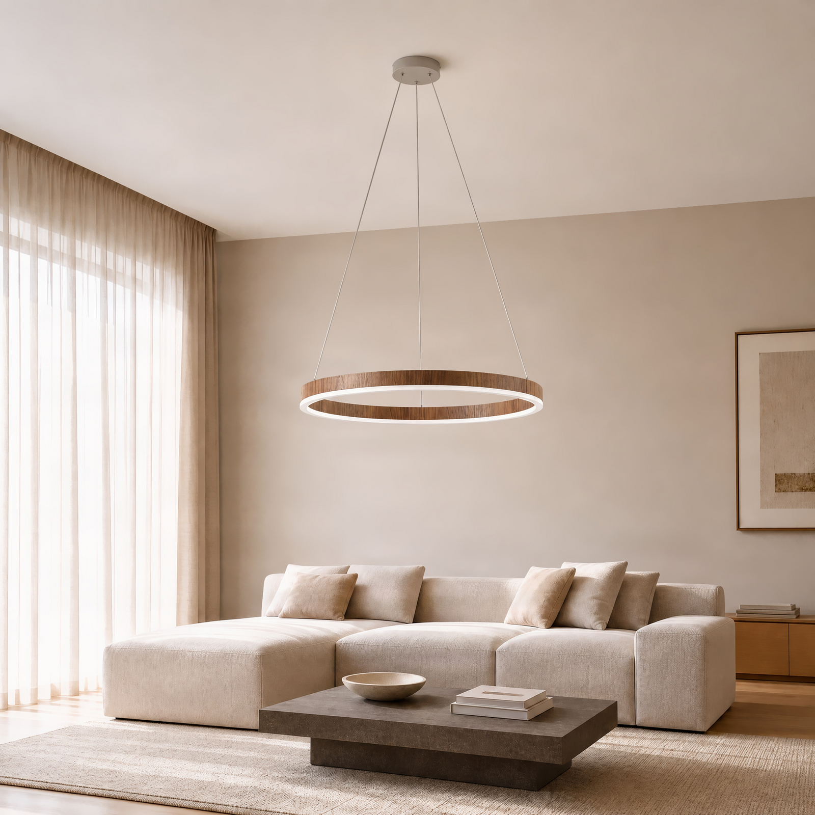 Suspension LED Thelma, noyer/gris, Ø 70 cm - Lucande Suspension LED Thelma, noyer/gris, Ø 70 cm - Lucande