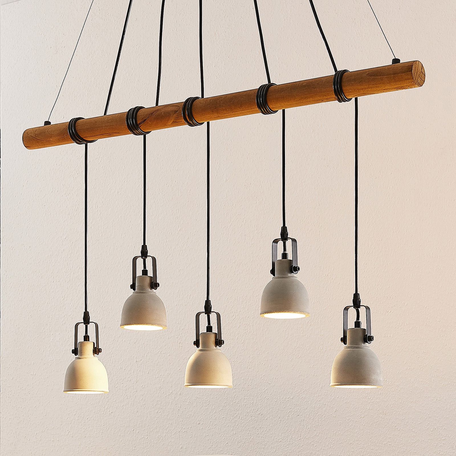 Lindby Mirka concrete and wood LED hanging light, for Living / Dining Room, wood, concrete, GU10, 5 W, energy efficiency: A++, L: 100 cm
