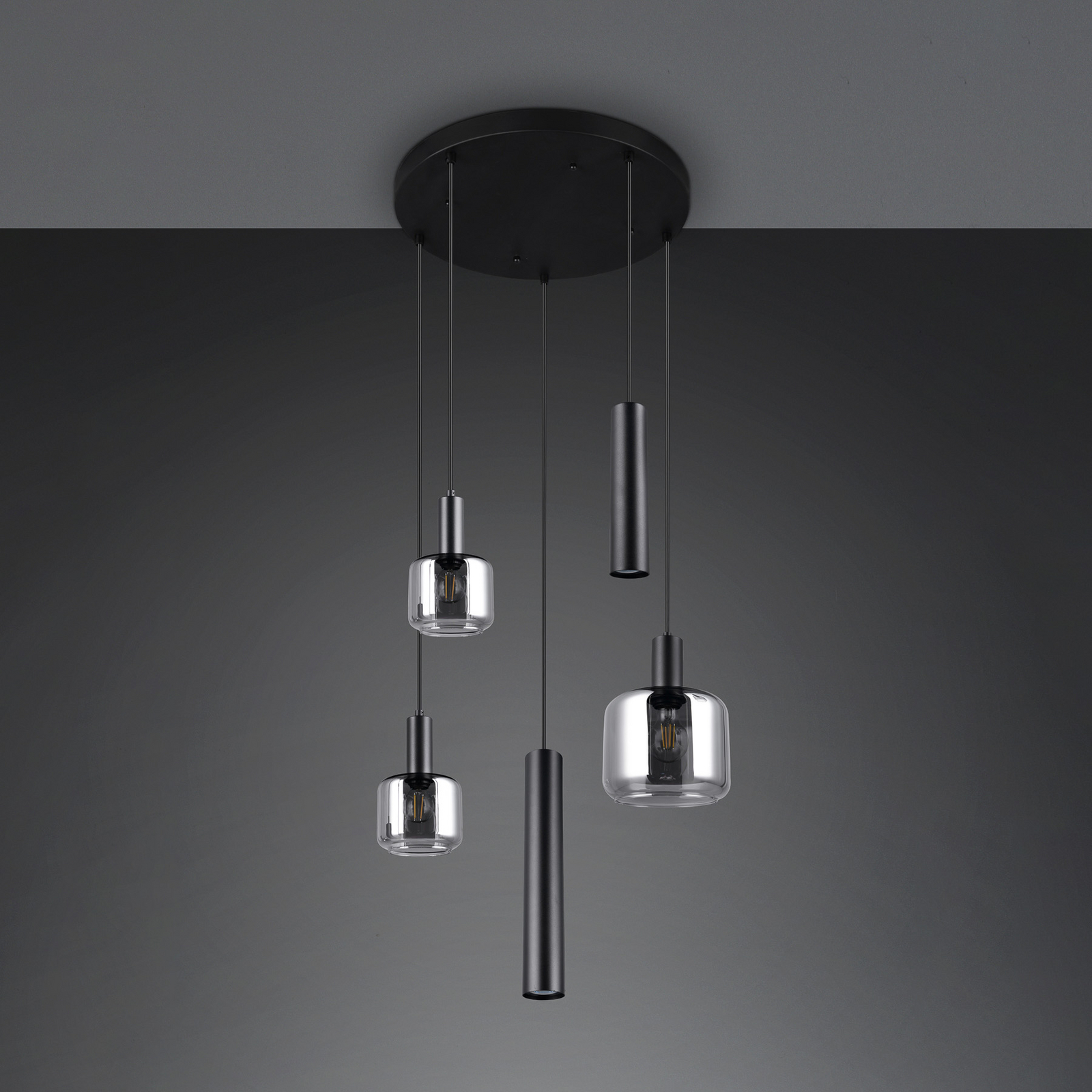 Suspension Mataro, chrome/noir, Ø 55 cm 5 lampes verre/métal