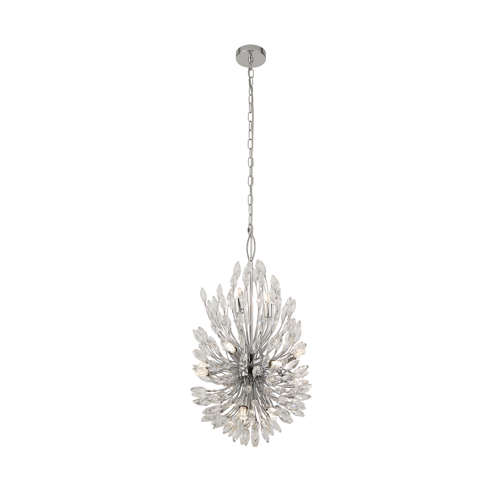 Peacock pendant light, chrome/clear, crystal glass, Ø 37 cm, G9