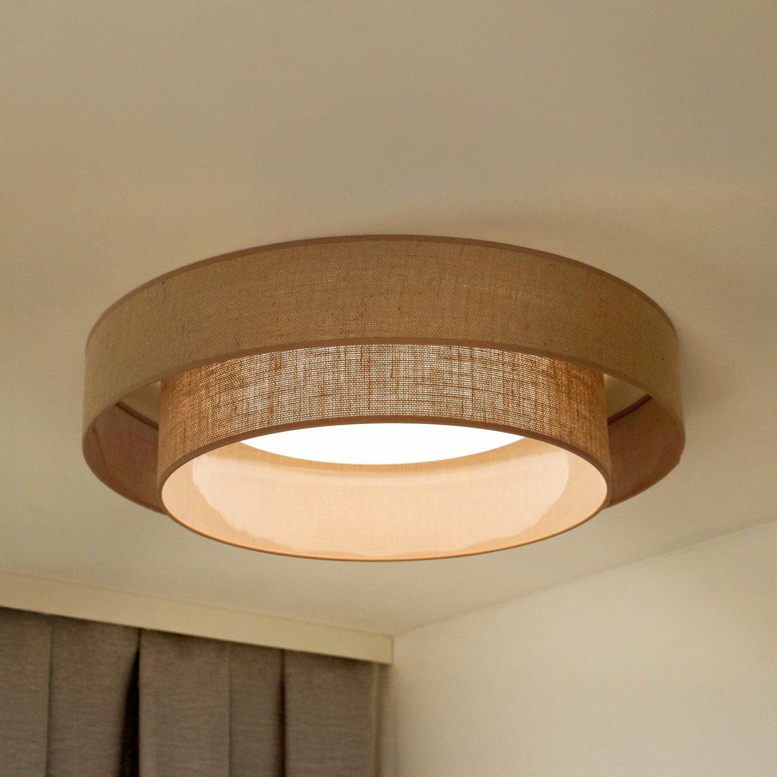 LED griestu gaisma Luneta, džuta, brūna, Ø 60 cm, 3 pakāpju dim
