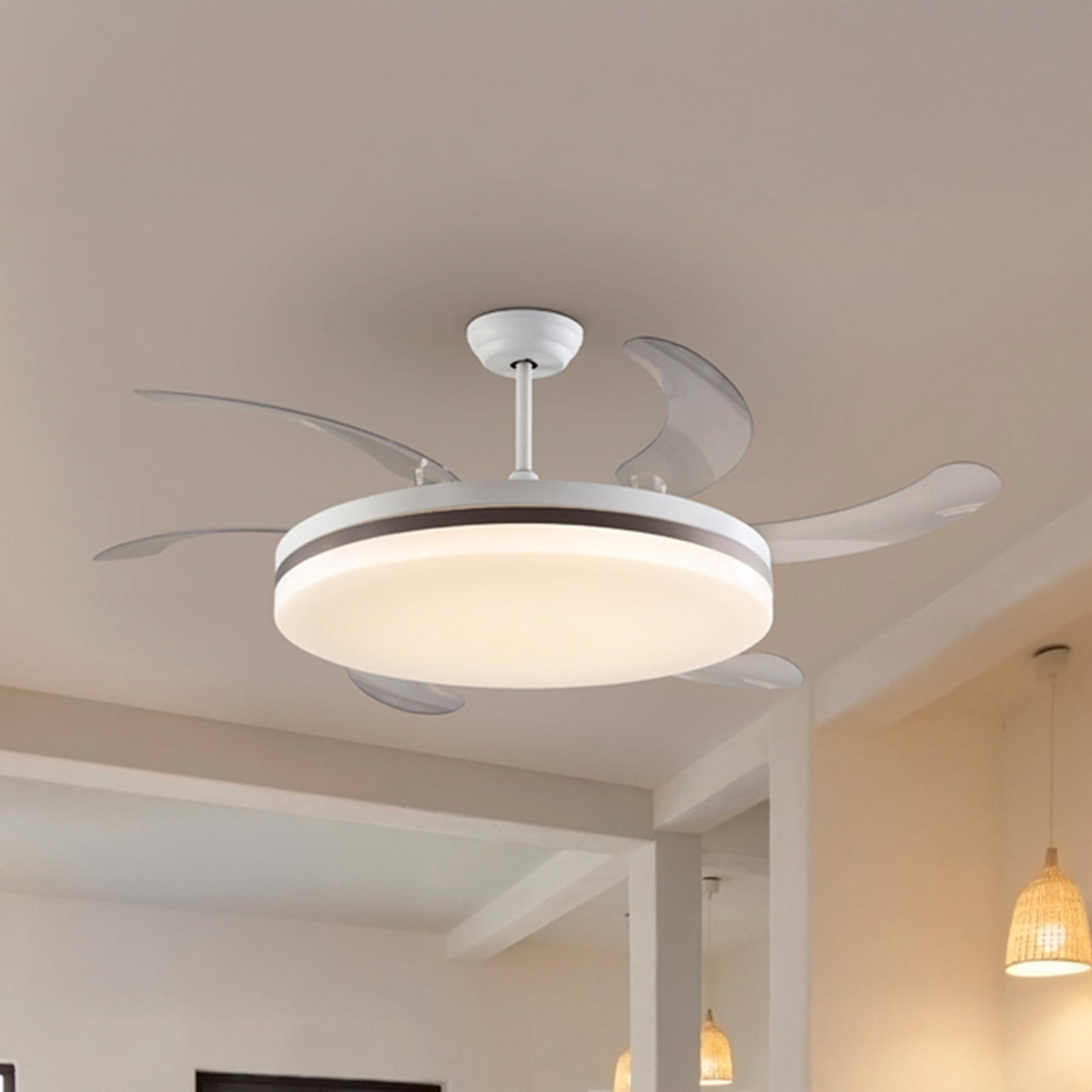 LED stropni ventilator Vento bel/bronz/prozoren, Ø 150 cm tih