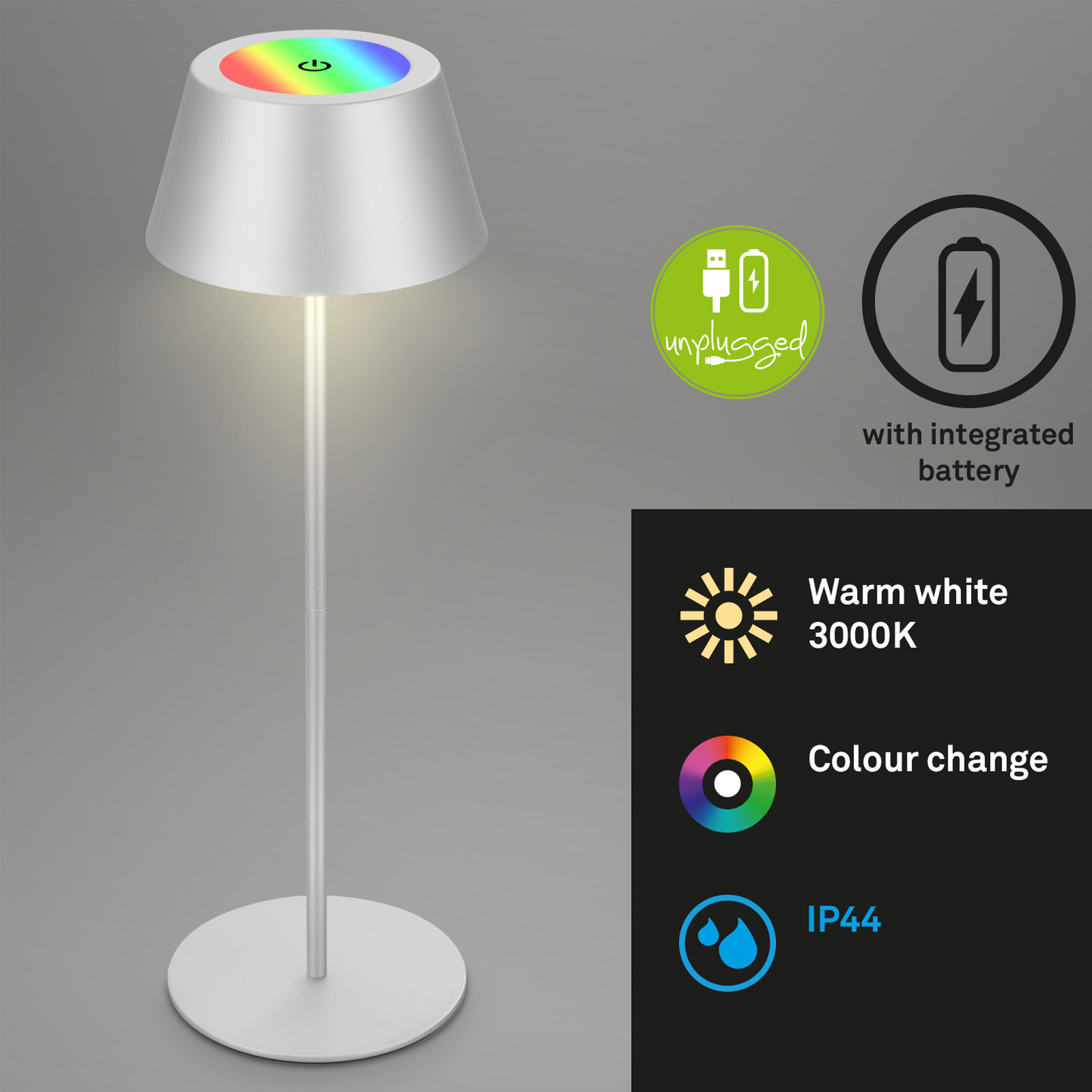 Lámpara de mesa LED Kiki con batería recargable RGBW, cromo mate
