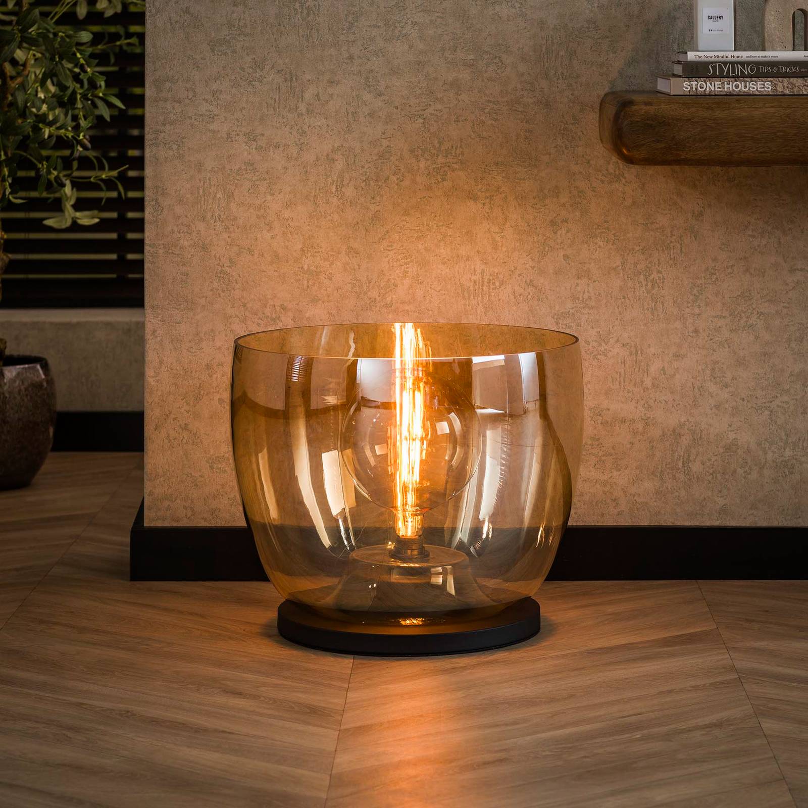 E-shop Stolová lampa Kopje, výška 41 cm, jantár, sklo, E27