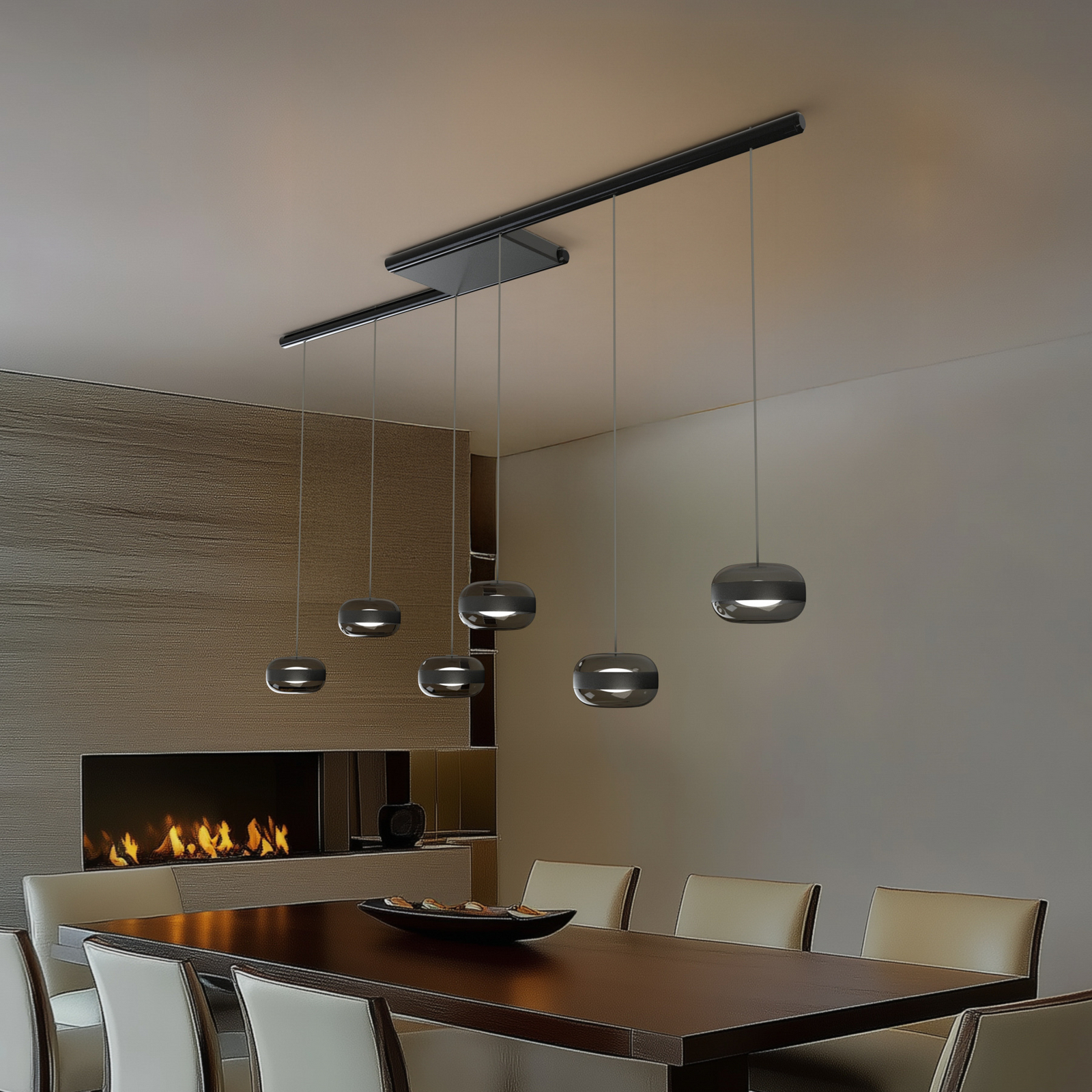 Lucande LED hanglamp Auro, zwart, glas, 6-lamps