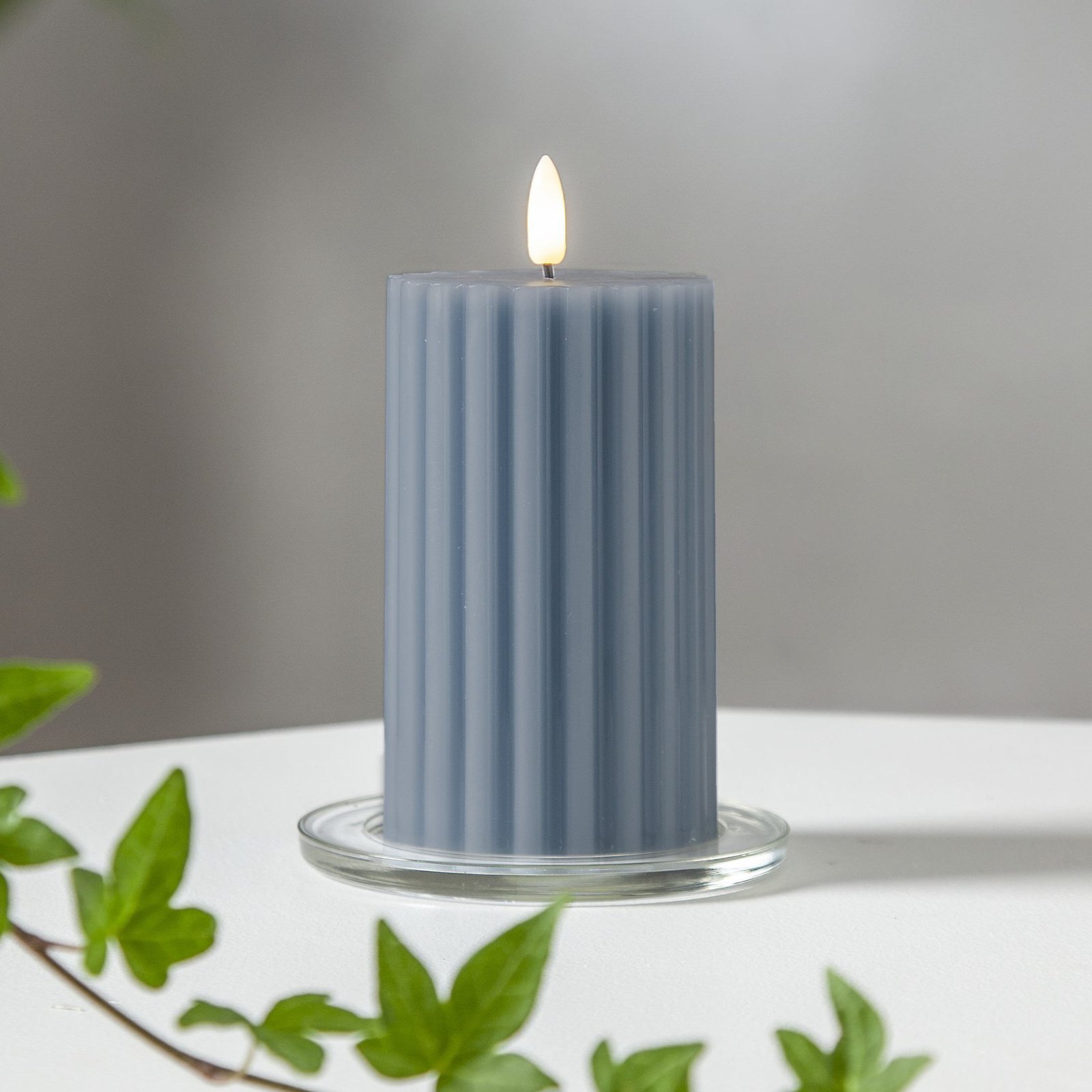 LED-Kerze Flamme Stripe blau 15 cm Echtwachs Batteriebetrieb