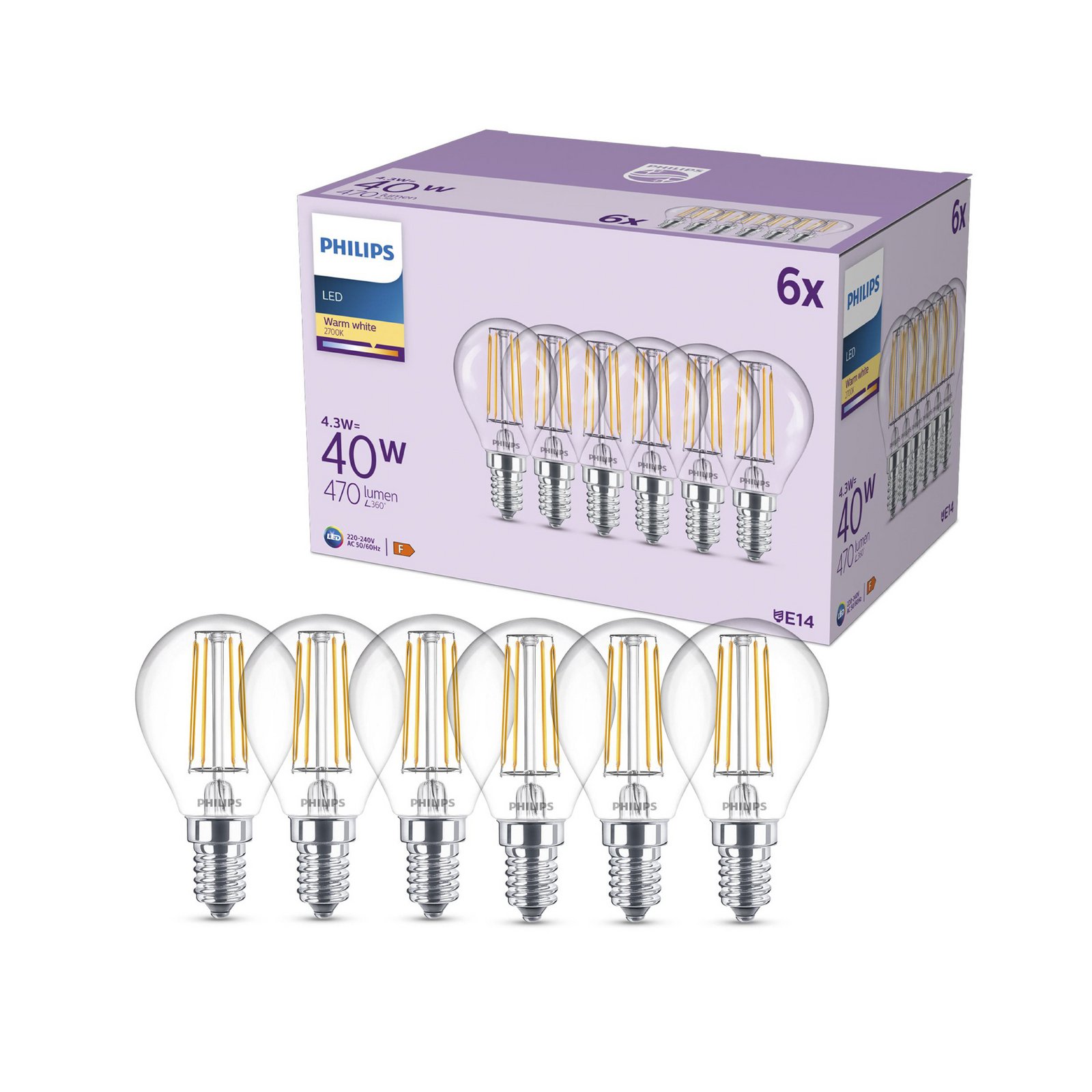 Philips LED-pære E14 P45 4,3W 470lm 2700K filament 6-pak
