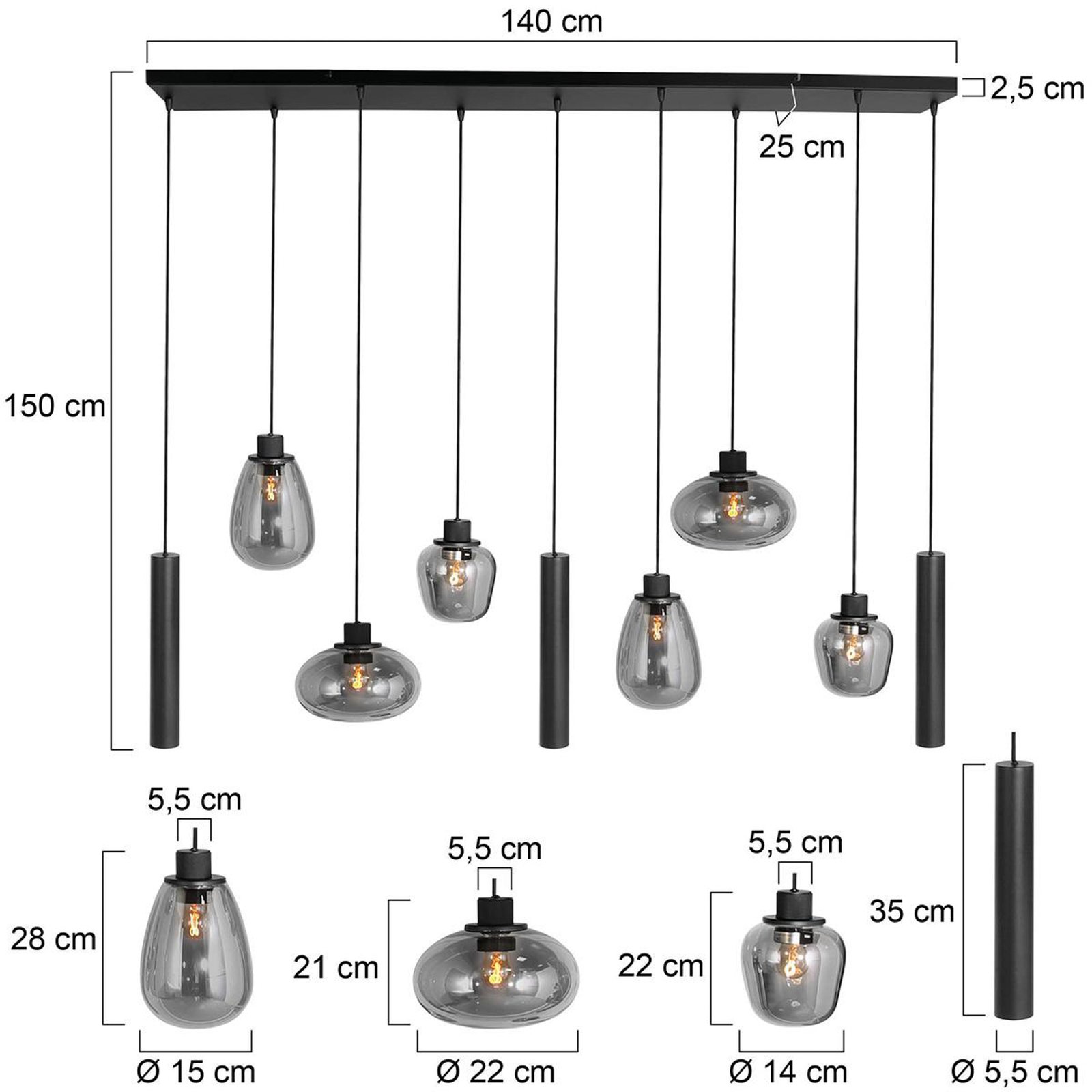 Reflexion pendant light, metal, glass, 9-bulb, black