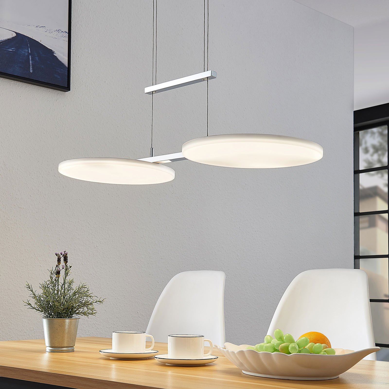 Lucande Sherko LED hanging lamp, height-adjustable, 2-bulb, for Workroom / Office, polycarbonate, metal, 31.1 W, energy efficiency: A+, L: 80 cm, W: 32 cm, H: 1.7 cm