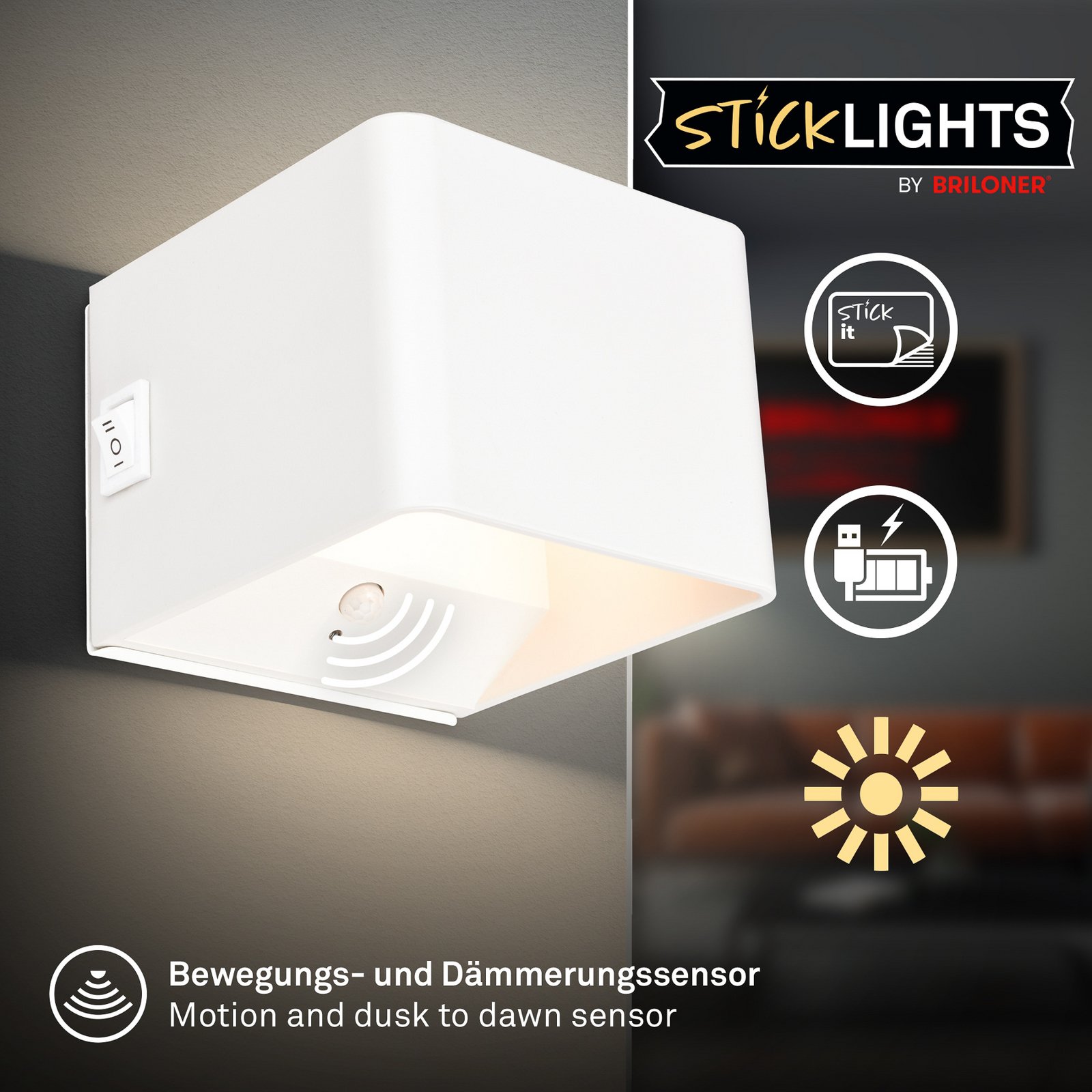 LED-akutoitega seinavalgusti Barro, valge, laius 8 cm, metall, andur