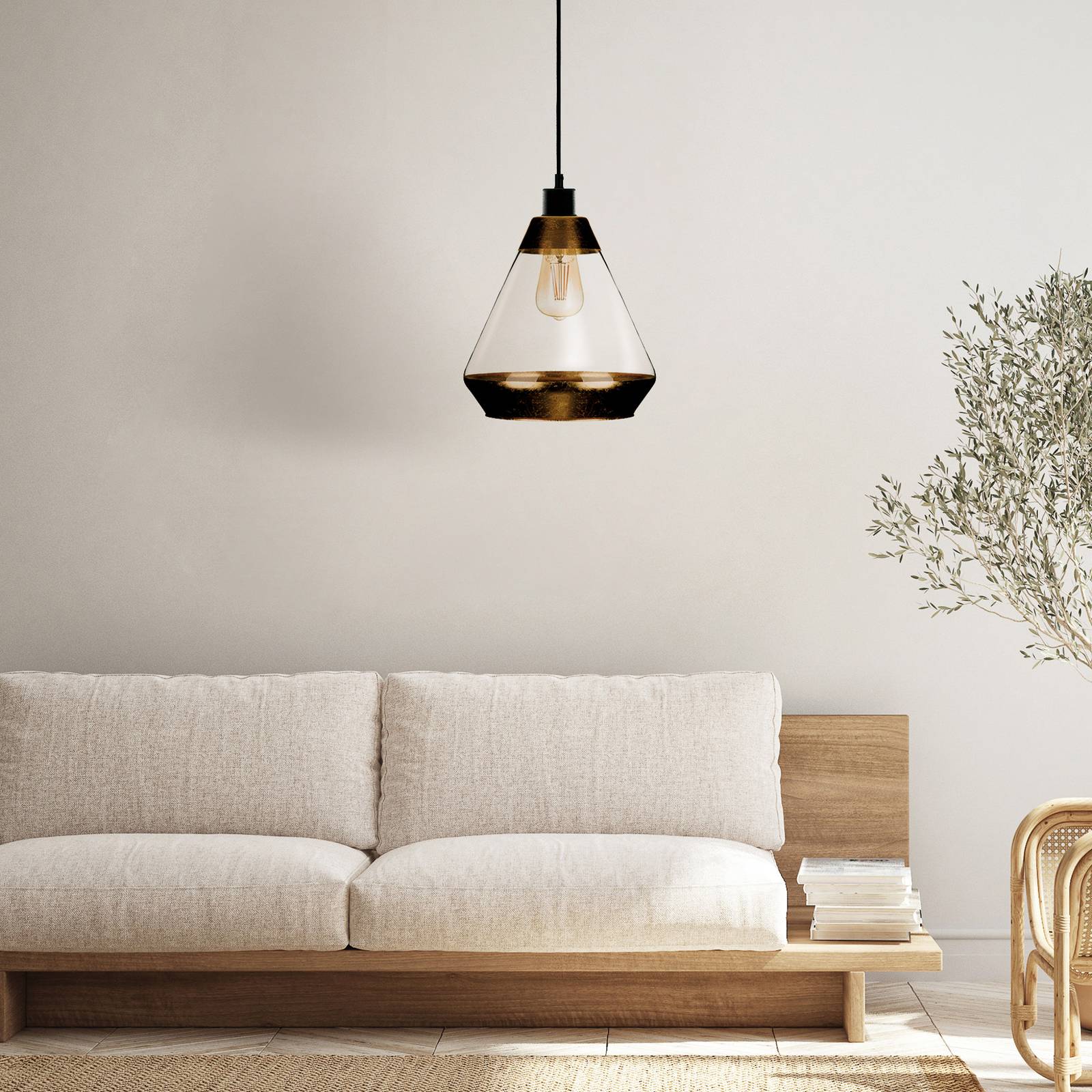 Lampa wisząca Lonceng wykonana ze szkła, złoty dekor