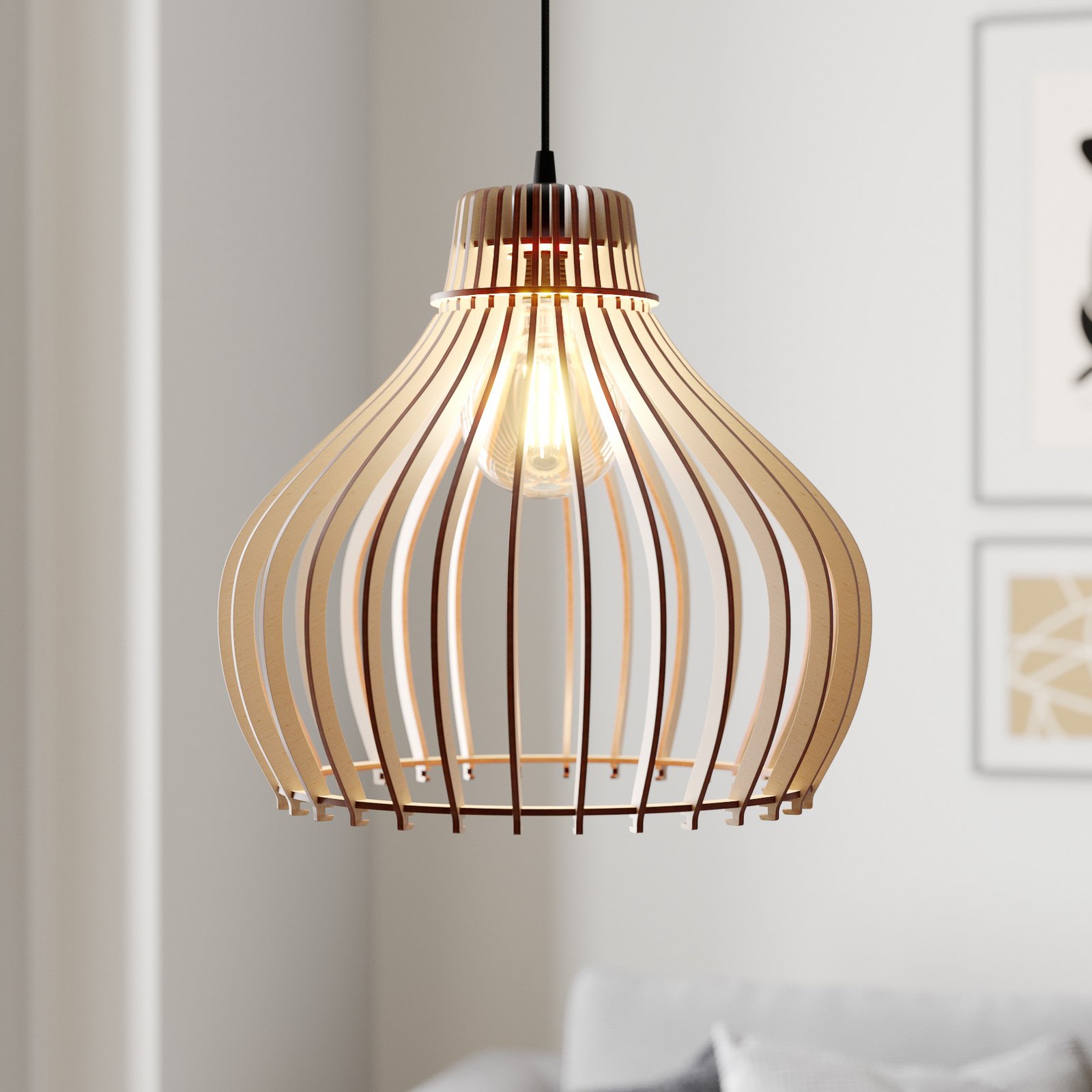 Barrel pendant light with wooden cage shade