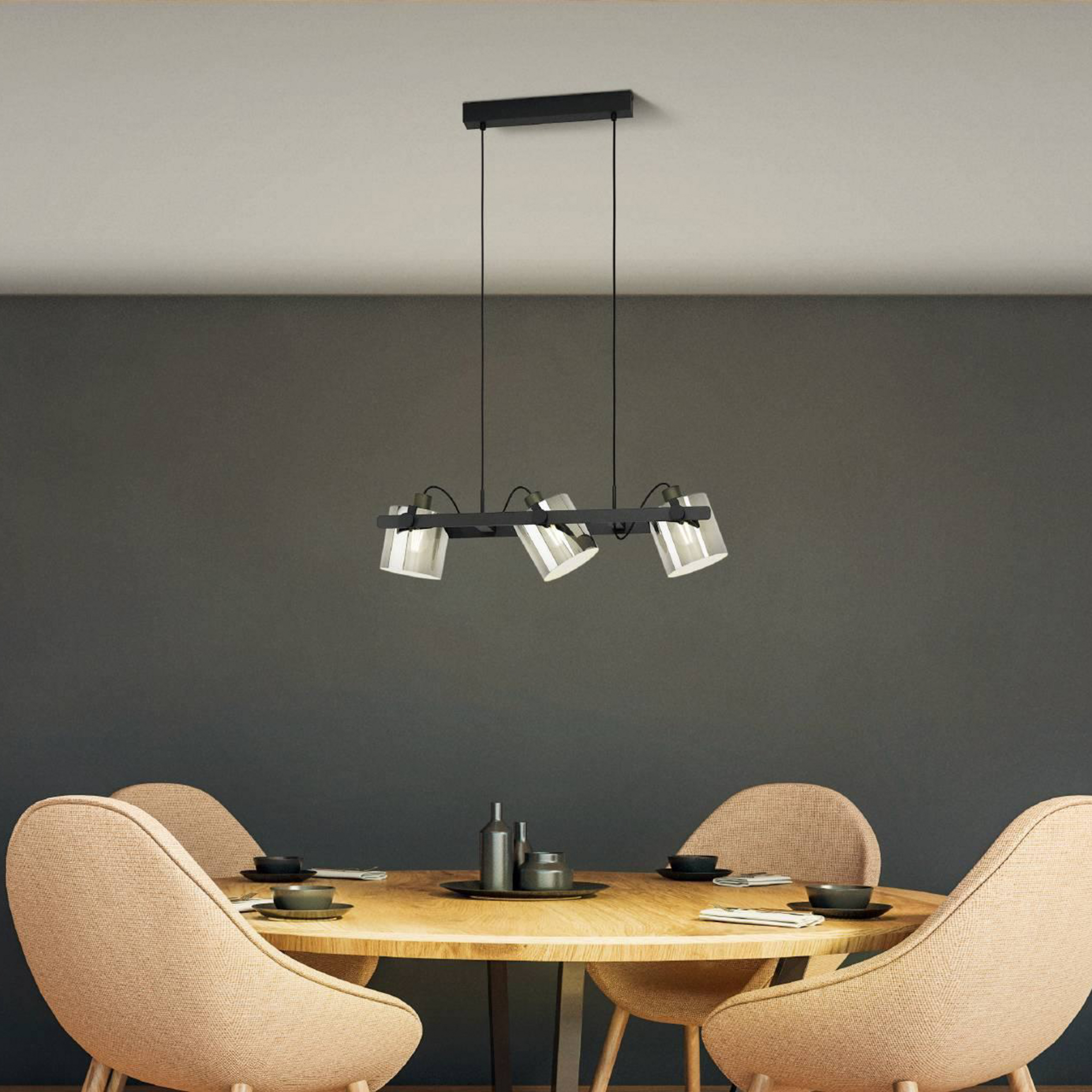 Lampada a sospensione Hornwood 2, lunghezza 78 cm, nero, a 3 luci.