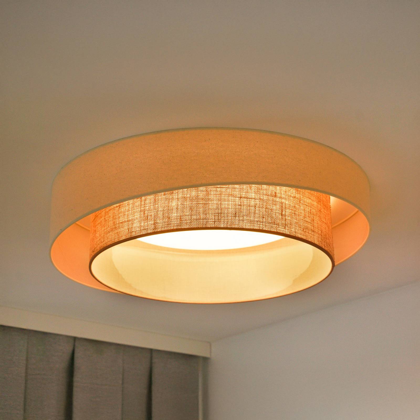 Lampa sufitowa LED Luneta S, juta, beż/brąz, Ø 60 cm, ściemniana 3-stopniowo
