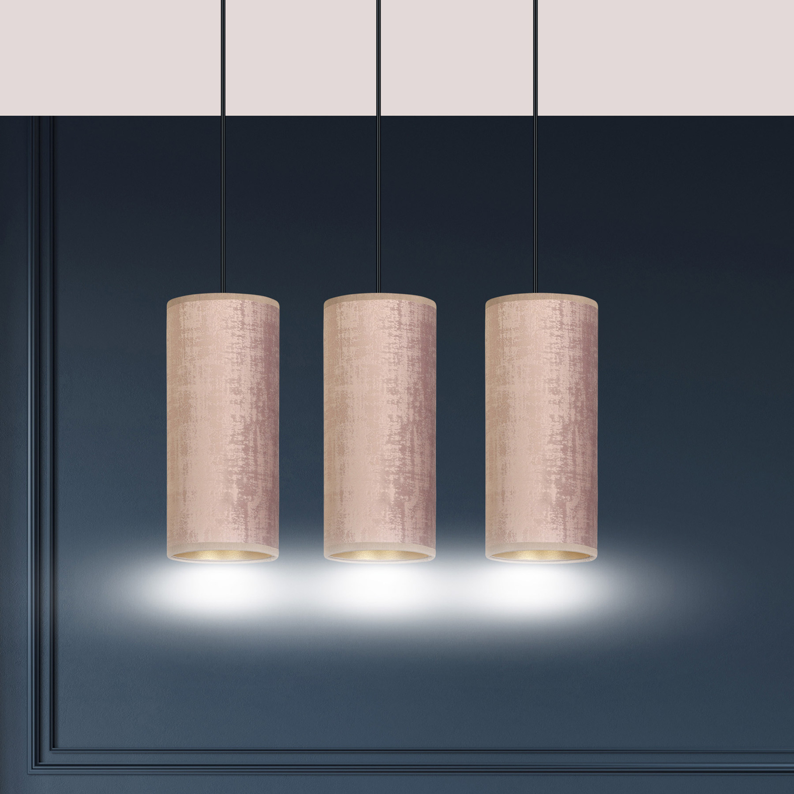 Hanglamp Joni, textiel, 3-lamps lang, rosé-goud