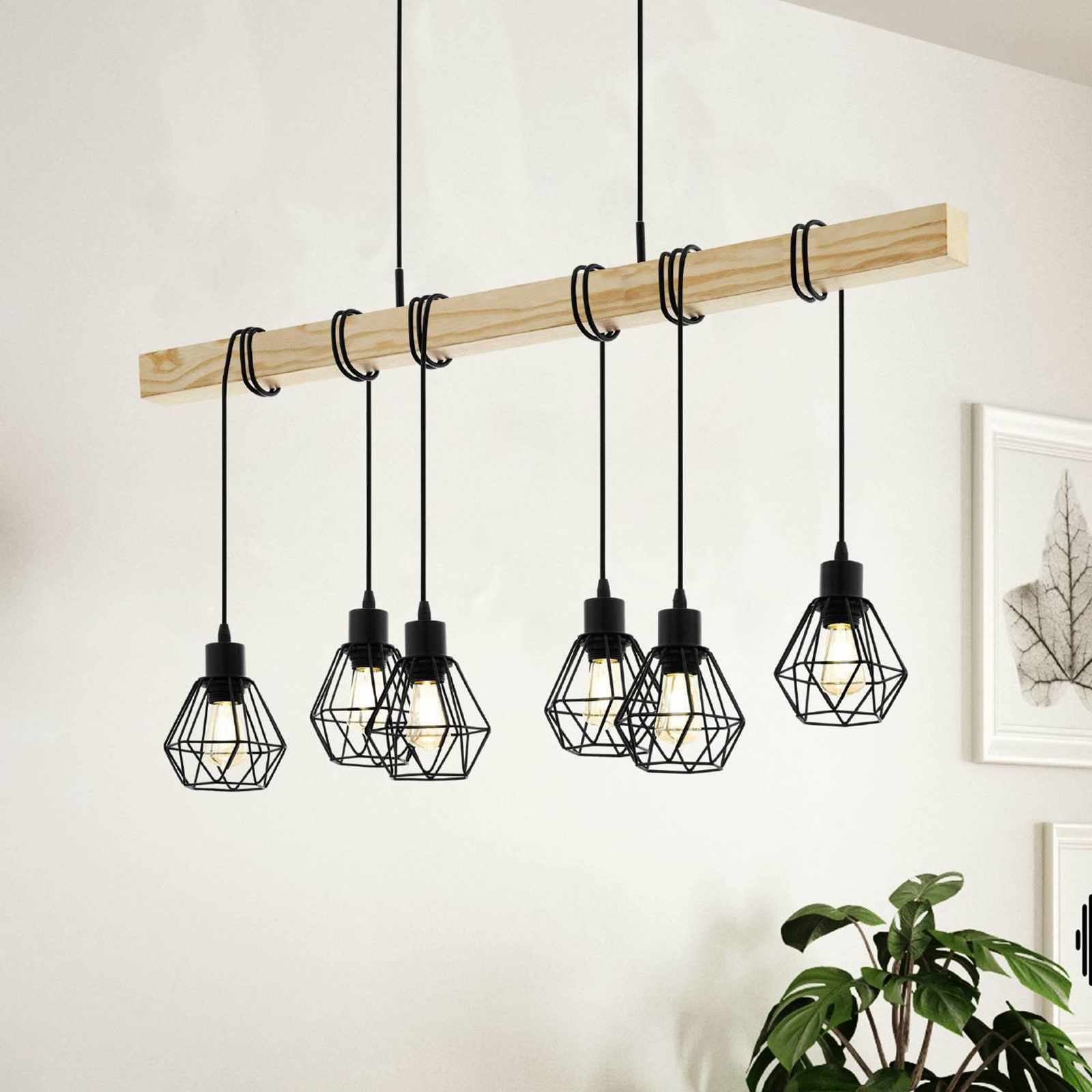 Townshend hanglamp, lengte 100 cm, zwart/eiken, 6-lamps.