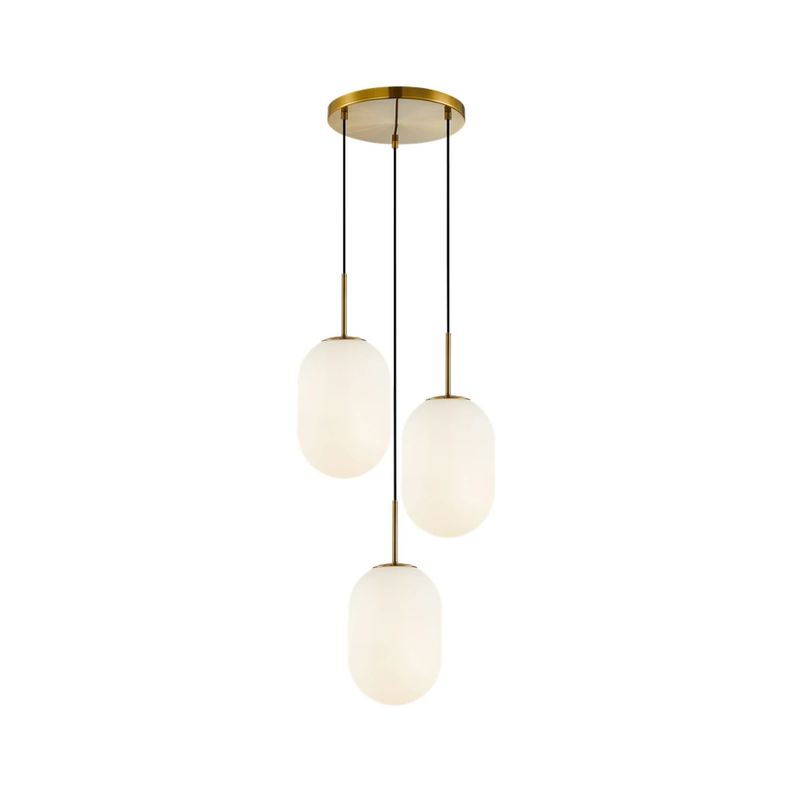 Candeeiro suspenso Alias, metal dourado, vidro opalino, 3 lâmpadas redondo