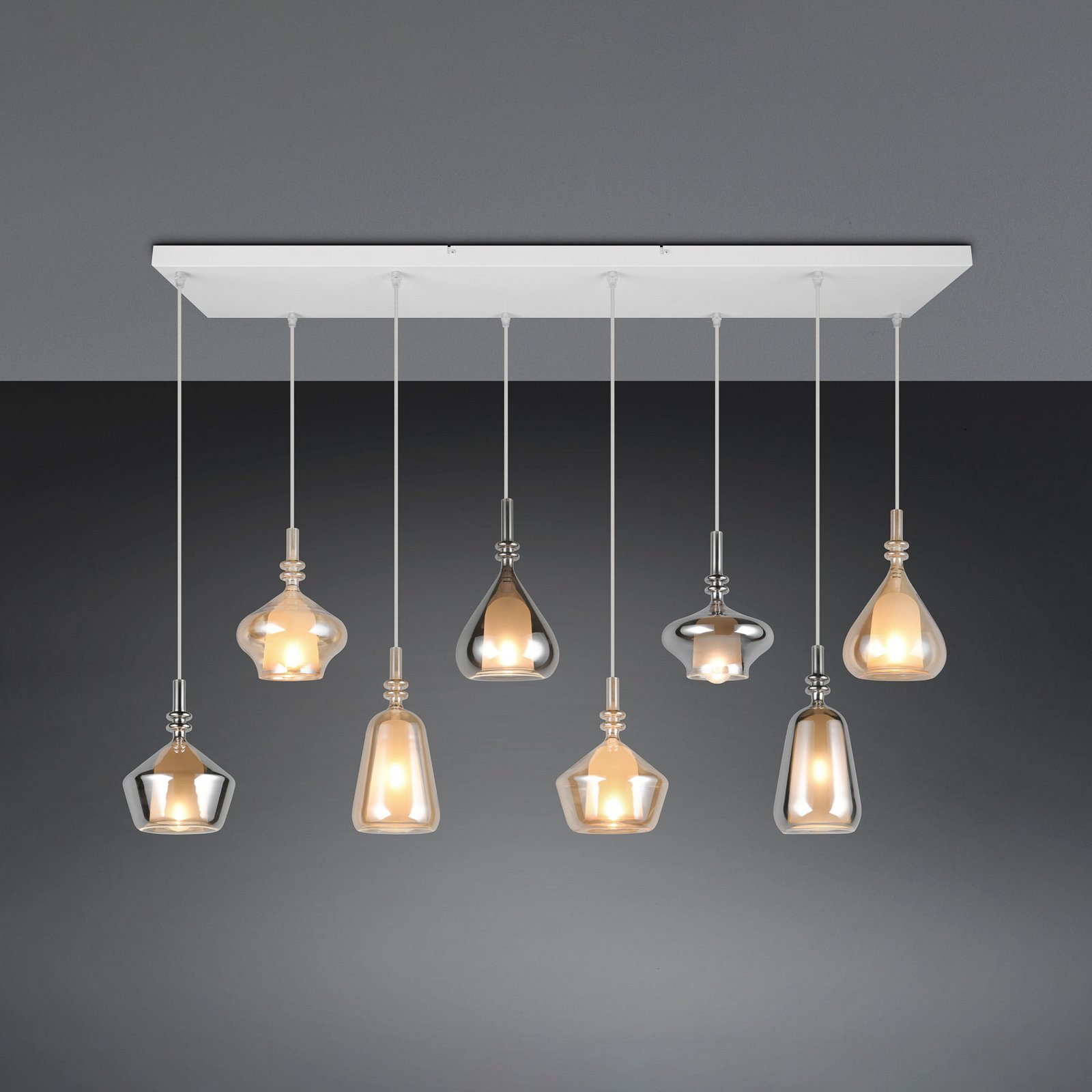 Pakabinama lempa Aldea, ilgis 115 cm, balta/gintaro spalvos/chromo stiklas, 8 Pakabinama lempa Aldea, ilgis 115 cm, balta/gintaro spalvos/chromo stiklas, 8