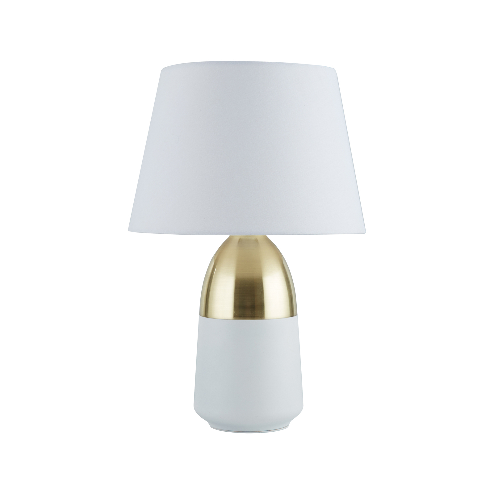 Touch table lamp, brass/white, textile, touch dimmer, 28 cm