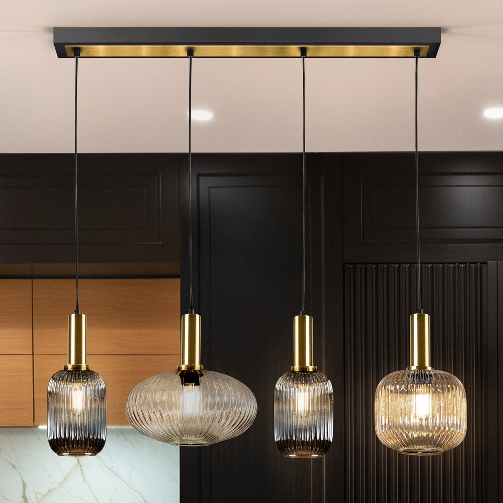 Schuller Valencia Lampă suspendată Norma 98 cm 4 becuri negru/zahăr sticlă - Camera de zi / sufragerie - negru alamă clar chihlimbar gri fumuriu - Metal