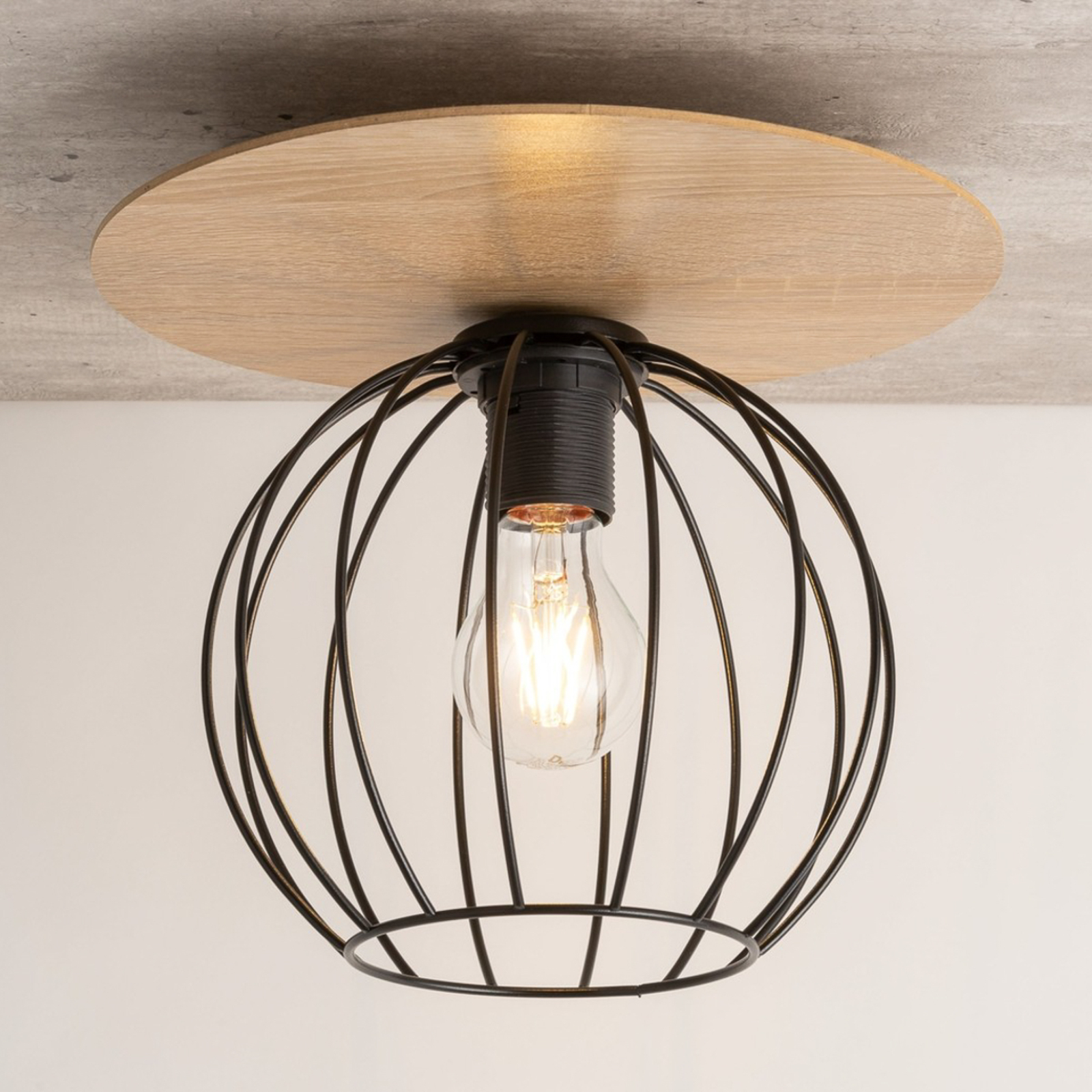 Plafondlamp Malin, houten kap rond, 1-lamp