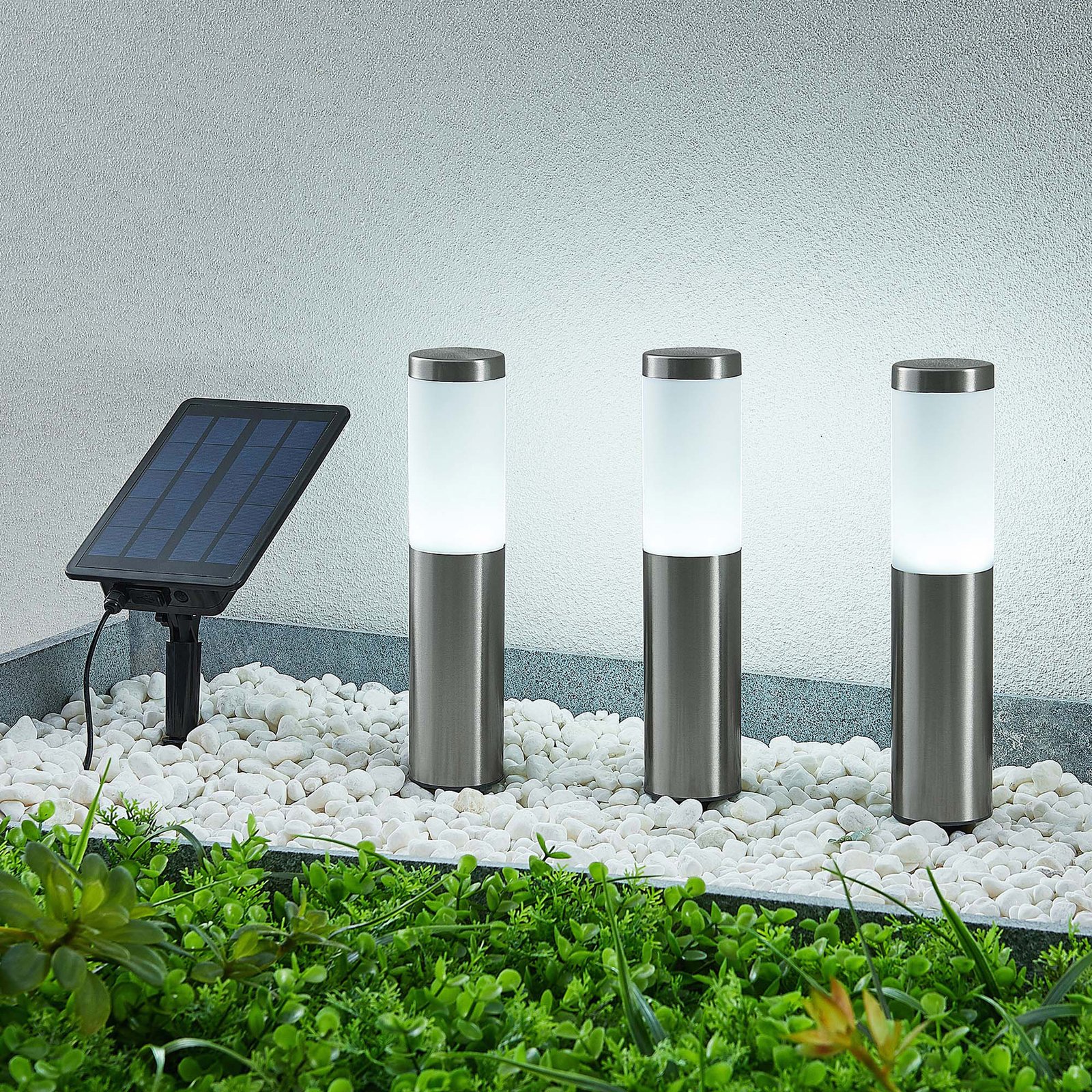 Lindby Lexiane LED-solcellelamper, 3 rustfrit stål