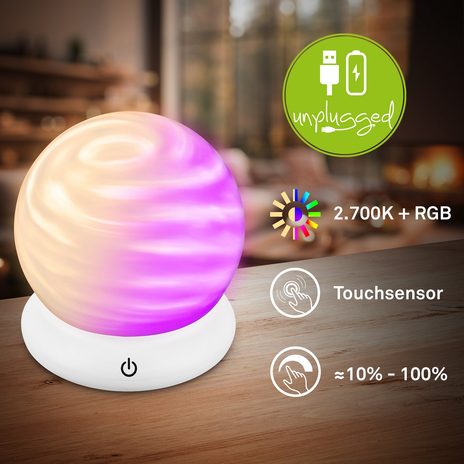 LED акумулаторна настолна лампа LUSTRO, бяла, Ø 15 cm, RGBW, touchdim