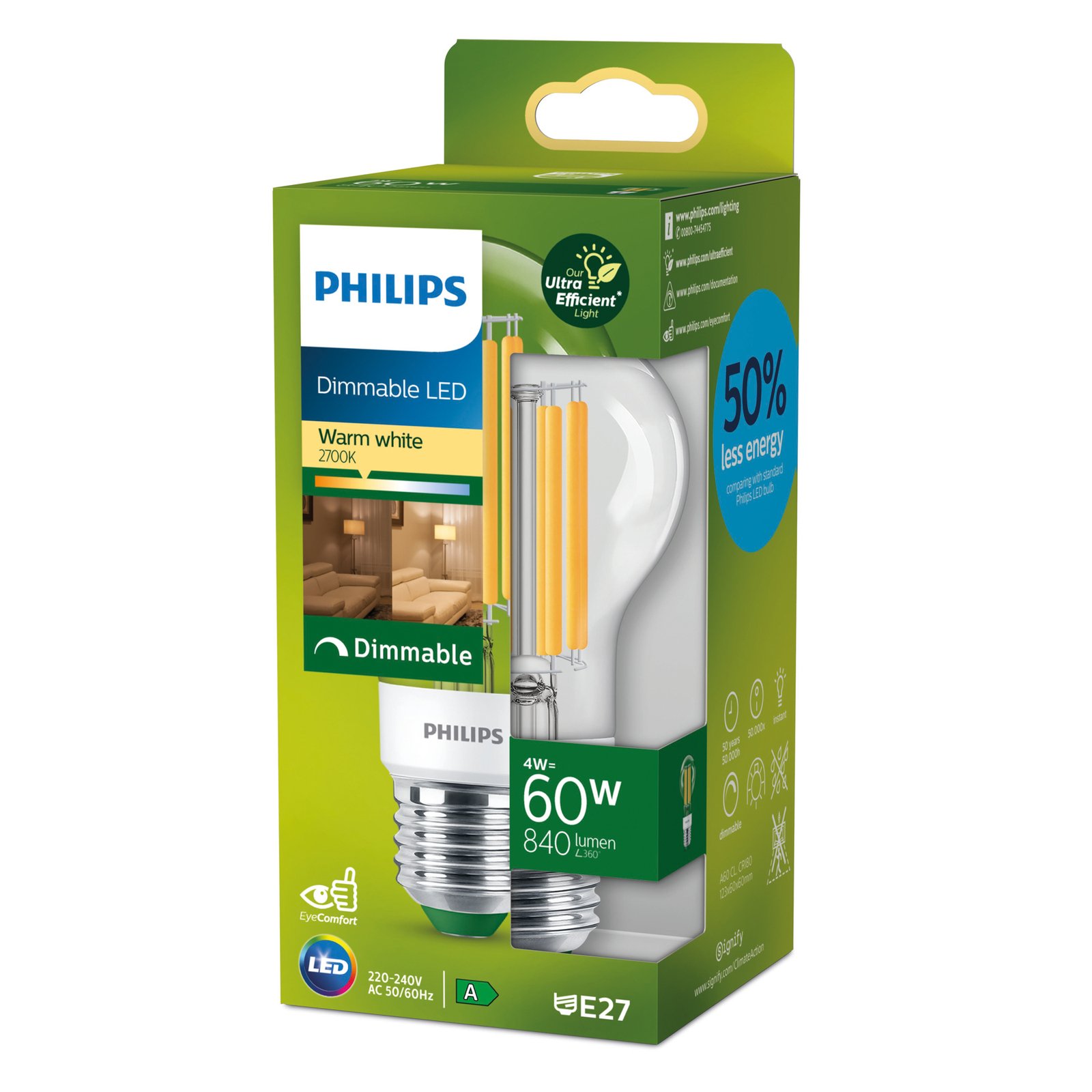 Philips E27 LED A60 4W 840lm dim 2 700K číra