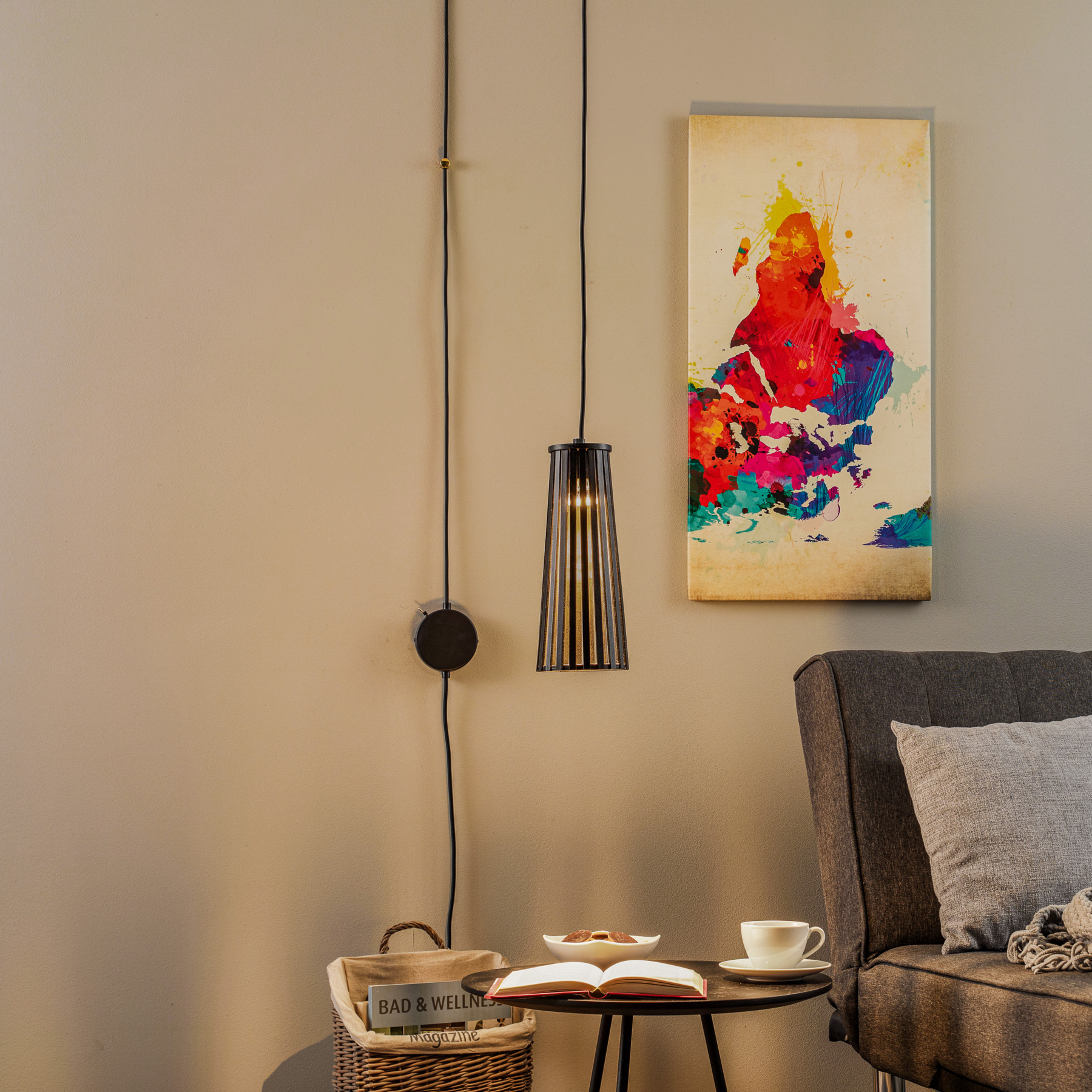 Wandleuchte Dover mit Stecker, schwarz, einflammig