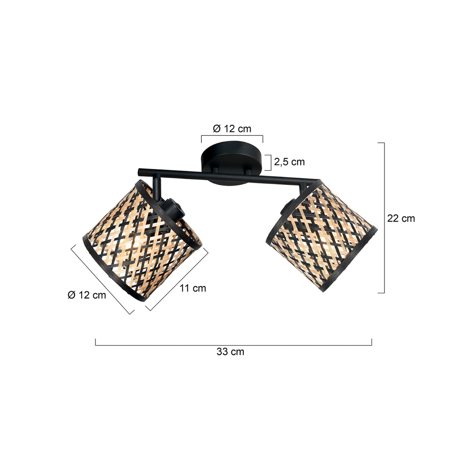 Φωτιστικό οροφής Sumba, 2 λάμπες, μαύρο, μπαμπού φυσικό/μαύρο, E14