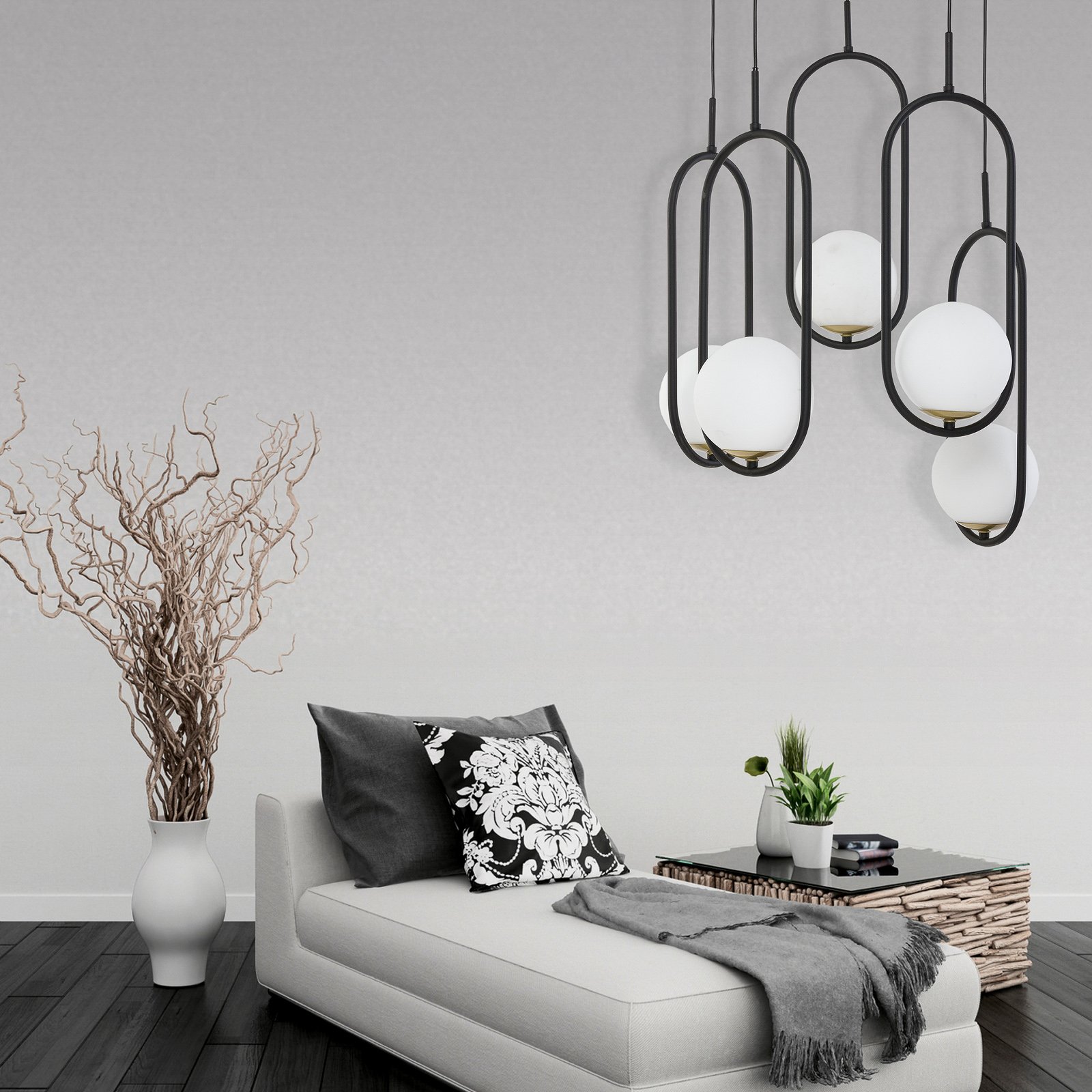 Hanglamp Samba, opaalglas/zwart 5-lamps