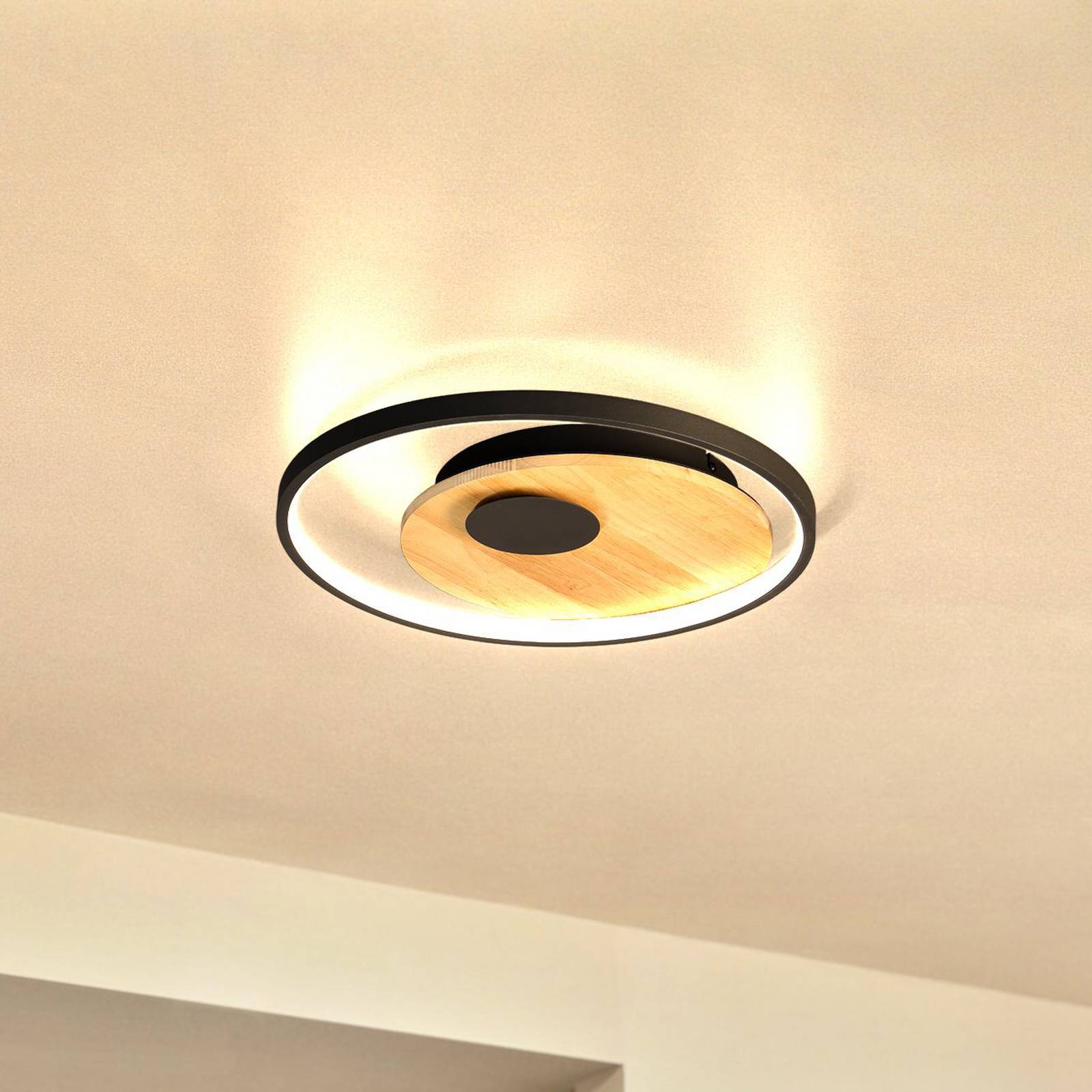 FISCHER & HONSEL Plafonnier LED Marit, Ø 40 cm, noir sable, métal/bois